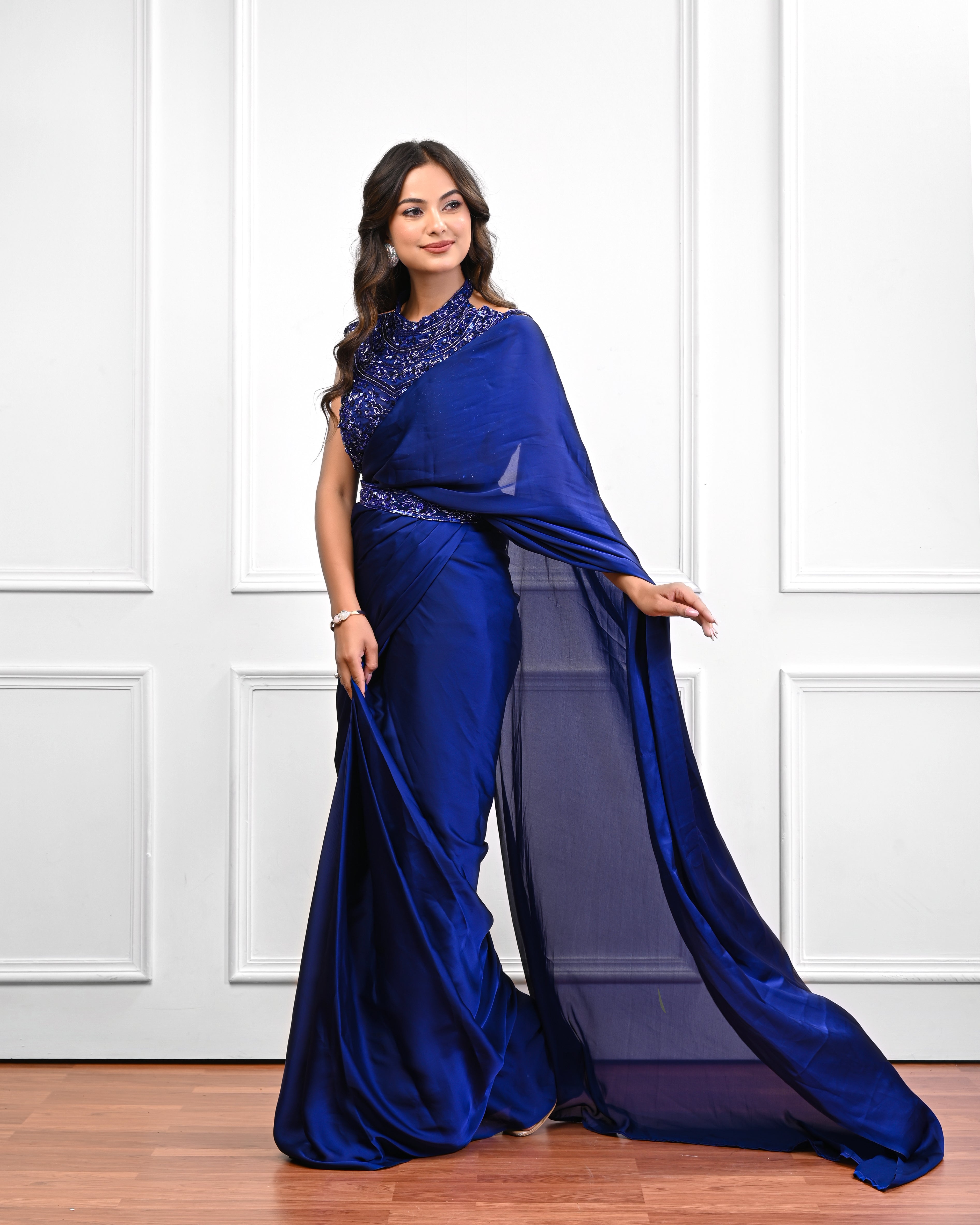 Electric blue satin pre draped saree