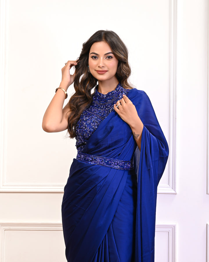 Electric blue satin pre draped saree