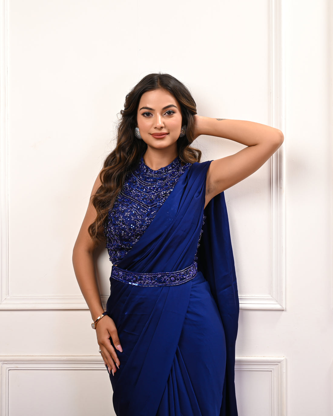 Electric blue satin pre draped saree