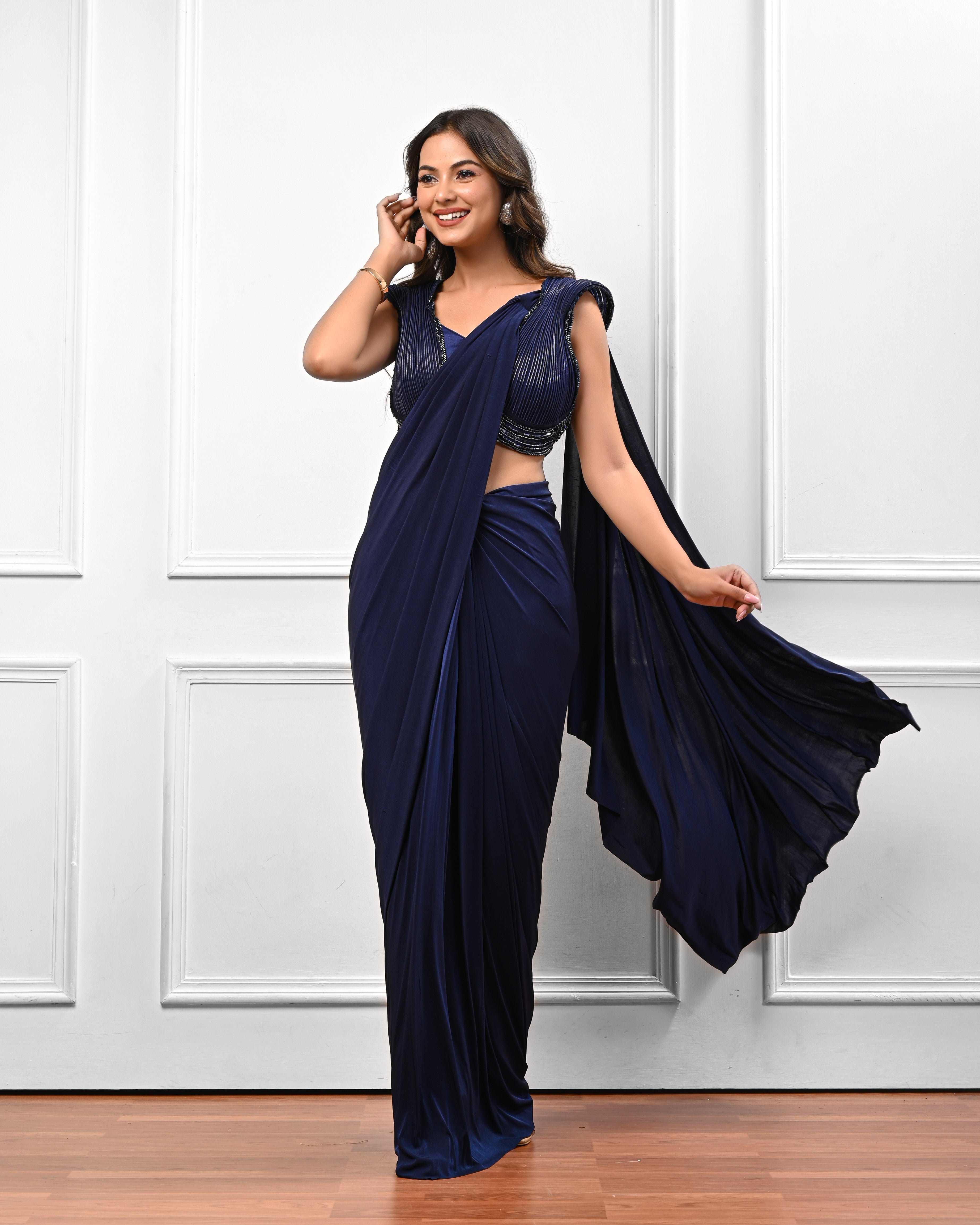 Navy blue Pre draped gaurav gupta