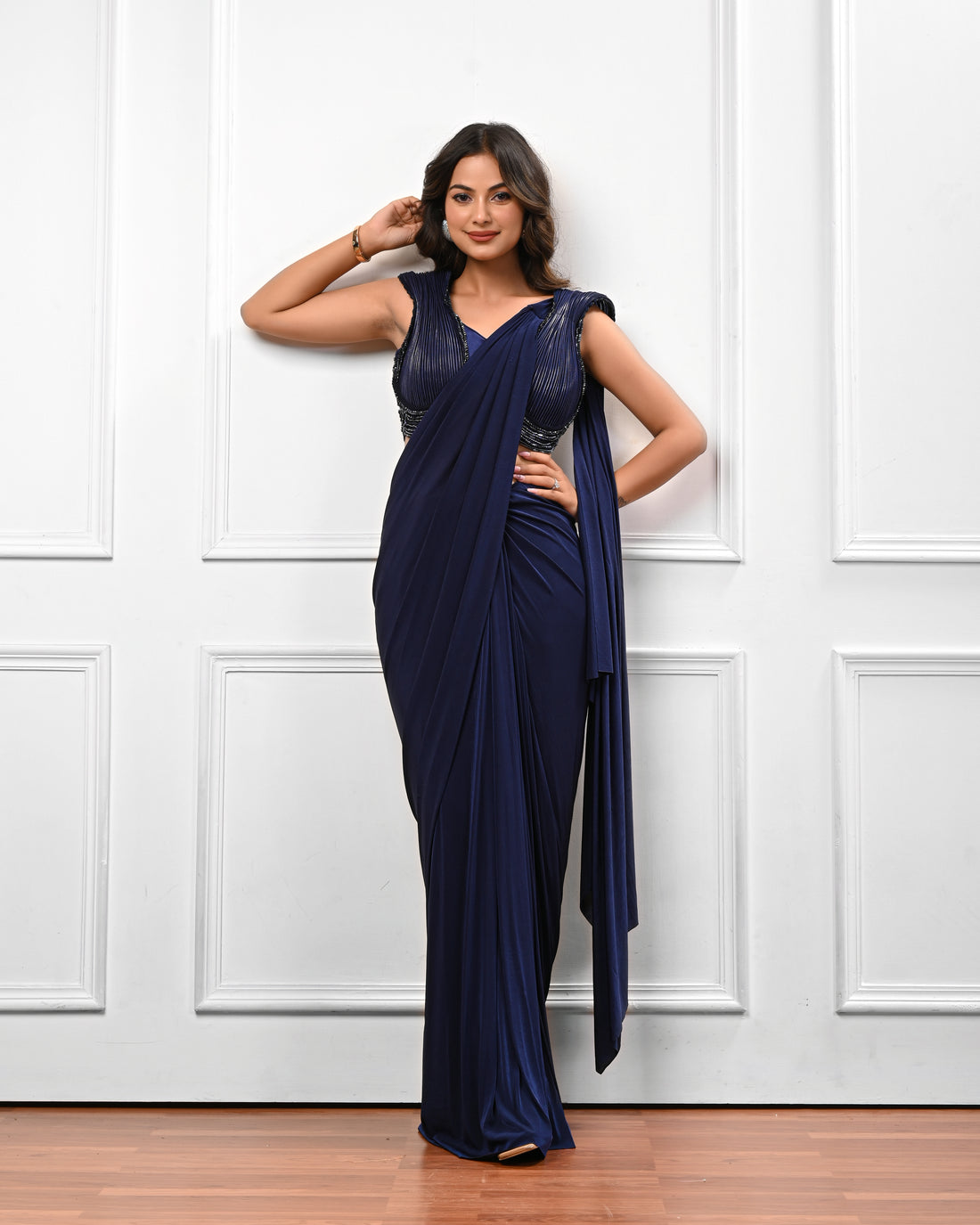 Navy blue Pre draped gaurav gupta