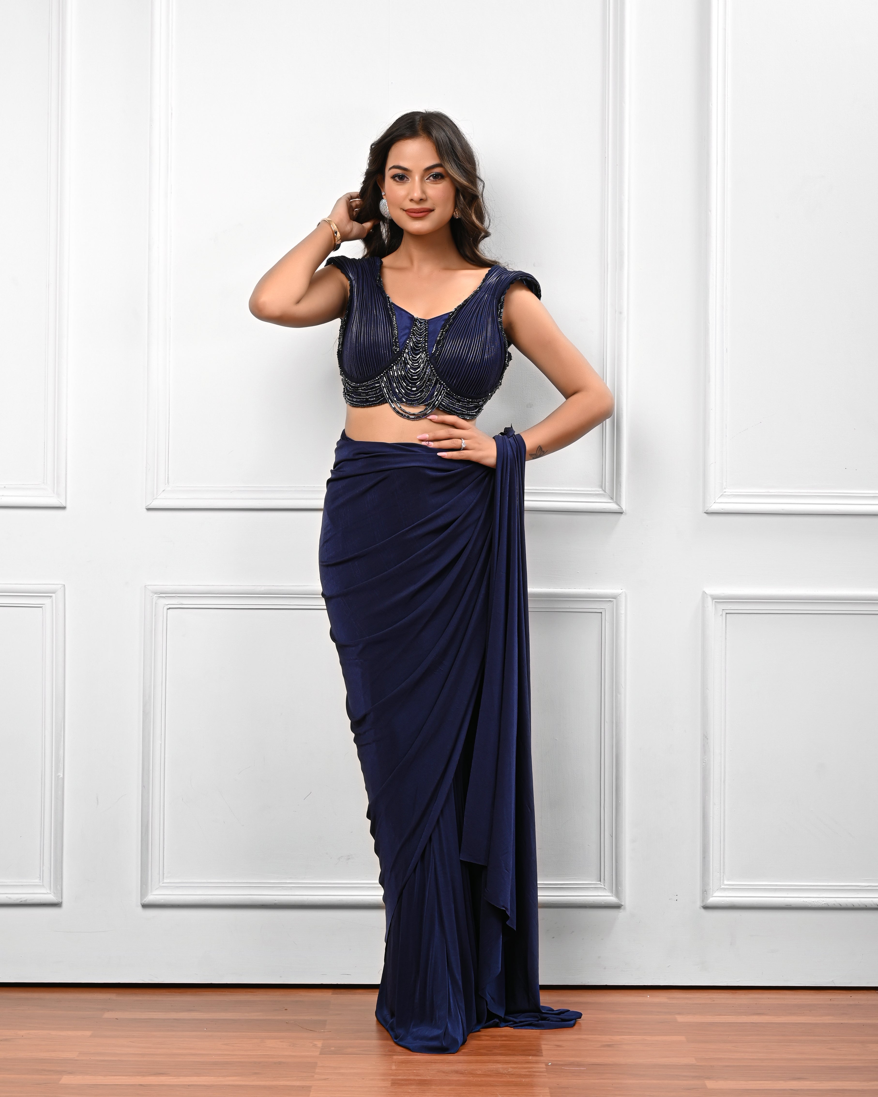 Navy blue Pre draped gaurav gupta