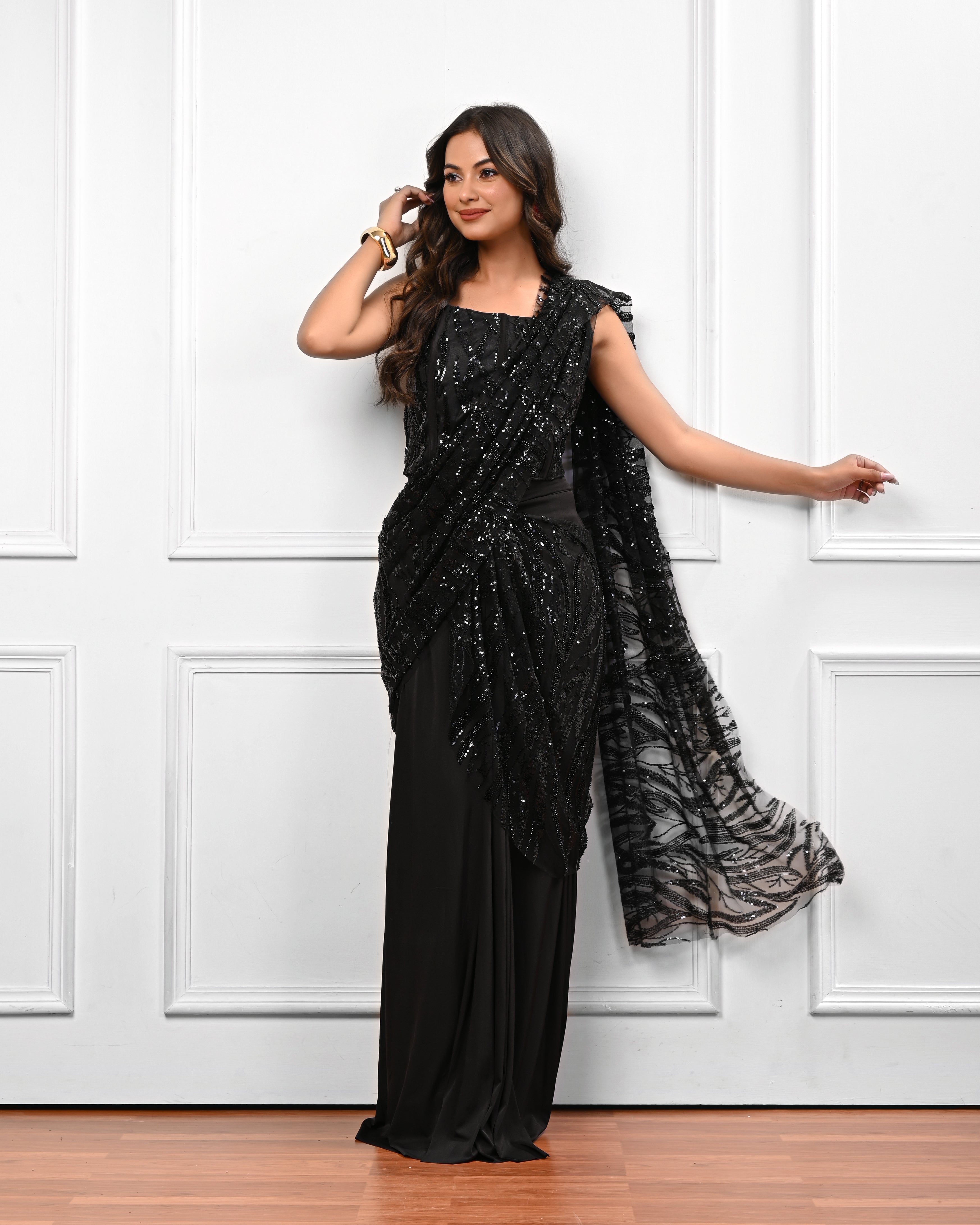 Black Corset Sequin Pre draped saree