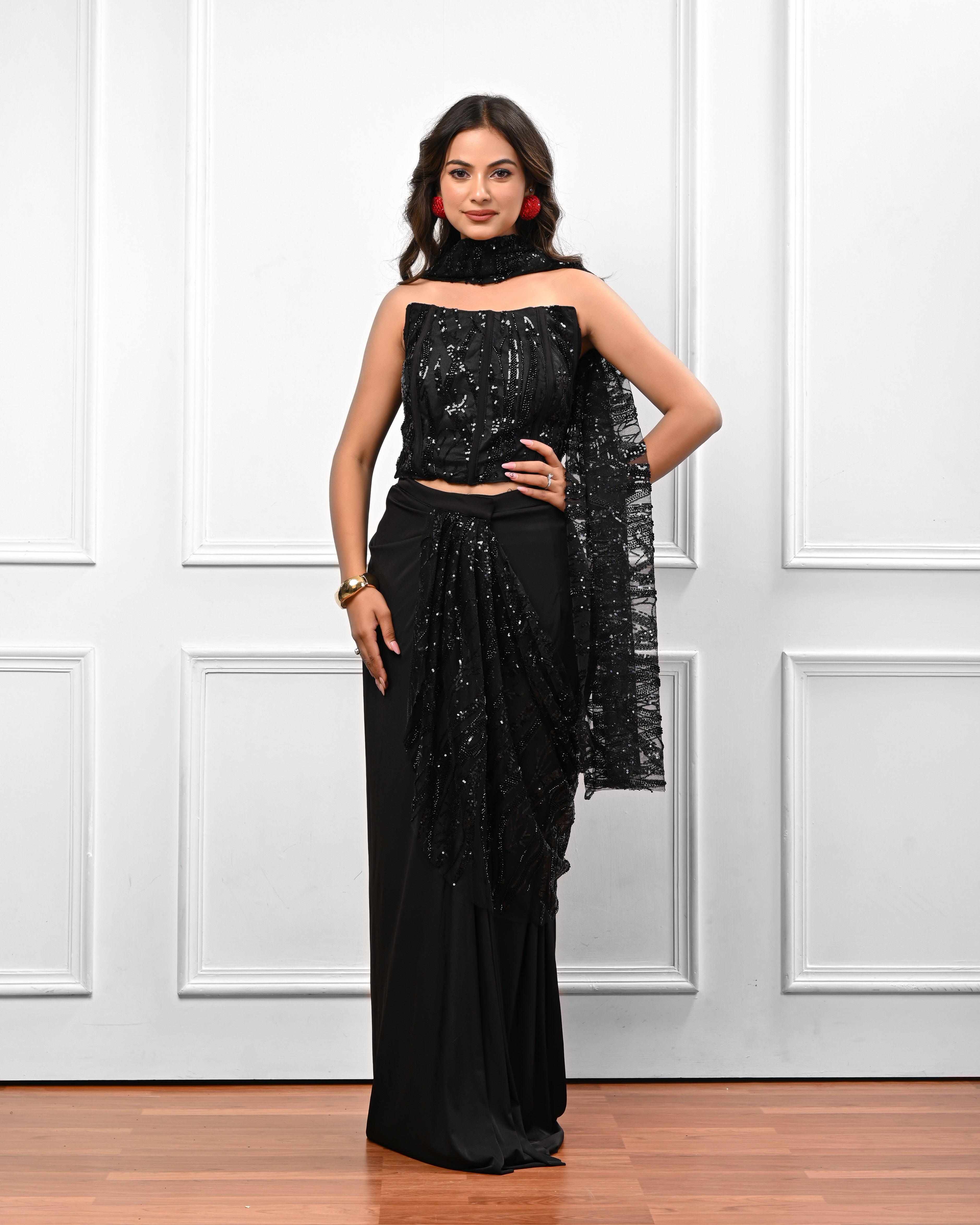 Black Corset Sequin Pre draped saree