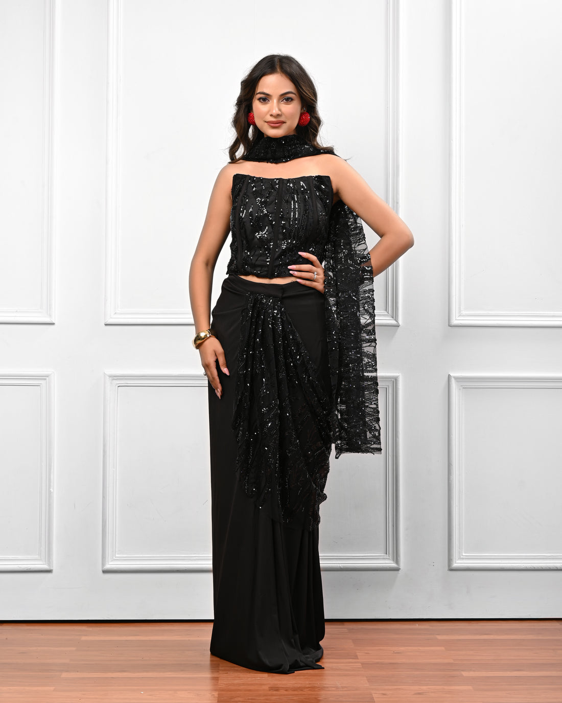 Black Corset Sequin Pre draped saree
