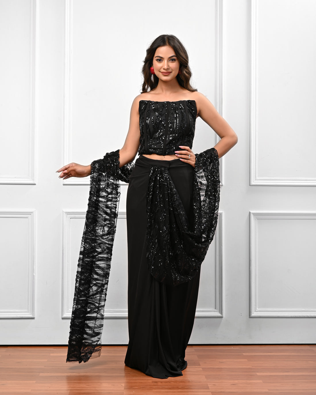 Black Corset Sequin Pre draped saree
