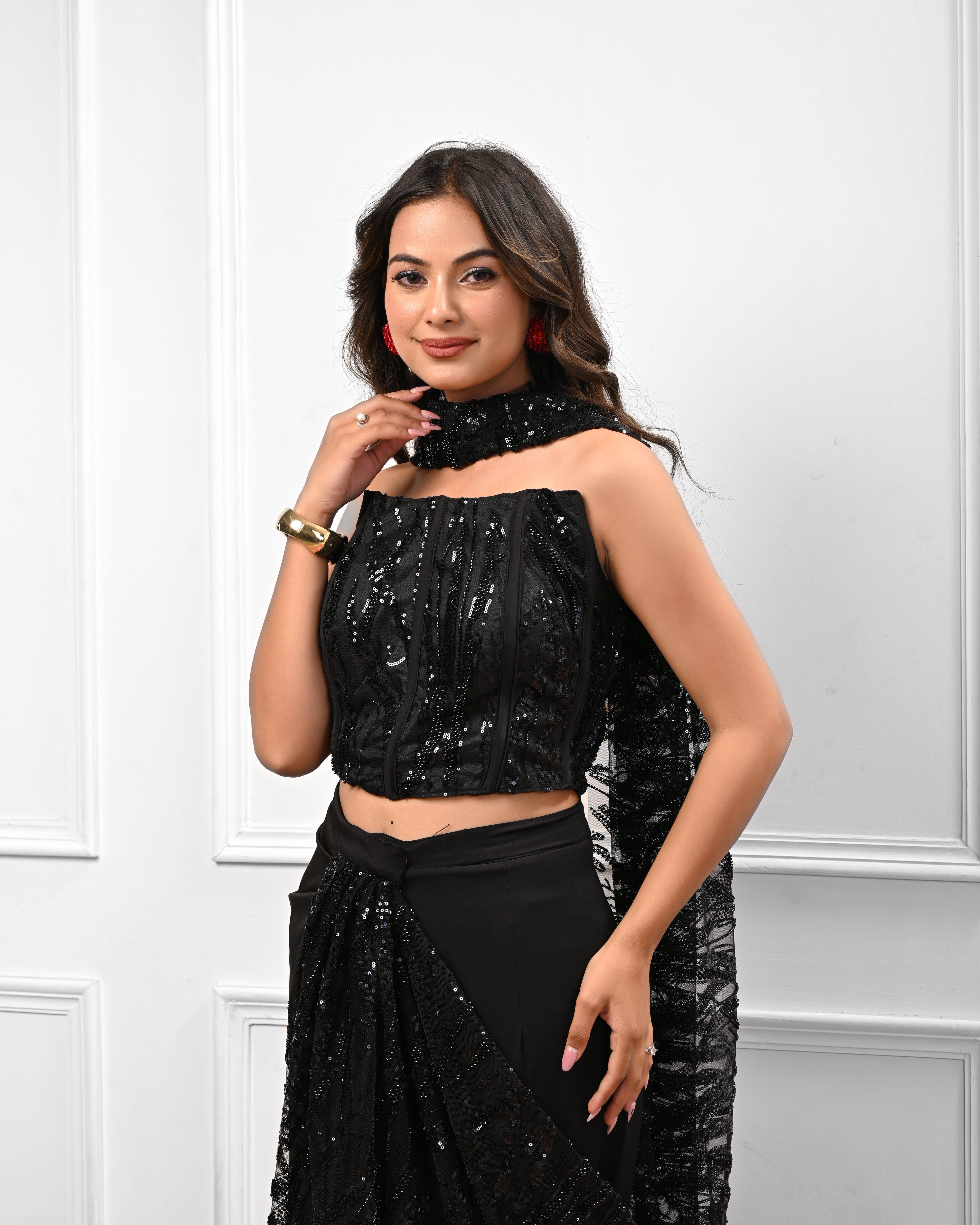 Black Corset Sequin Pre draped saree