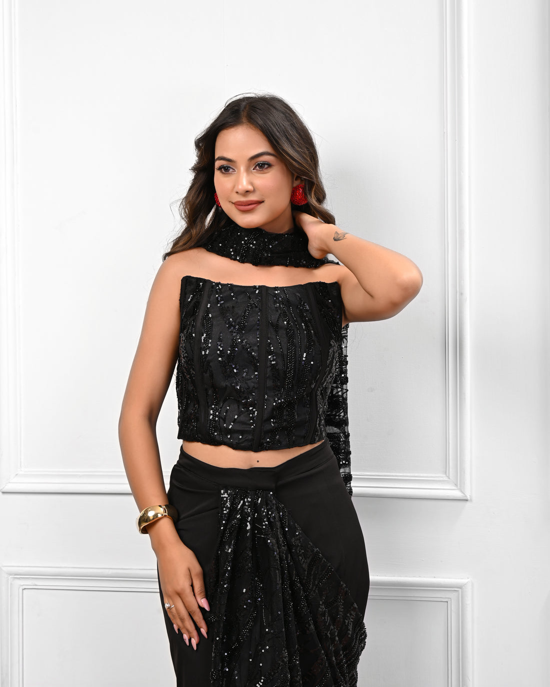Black Corset Sequin Pre draped saree