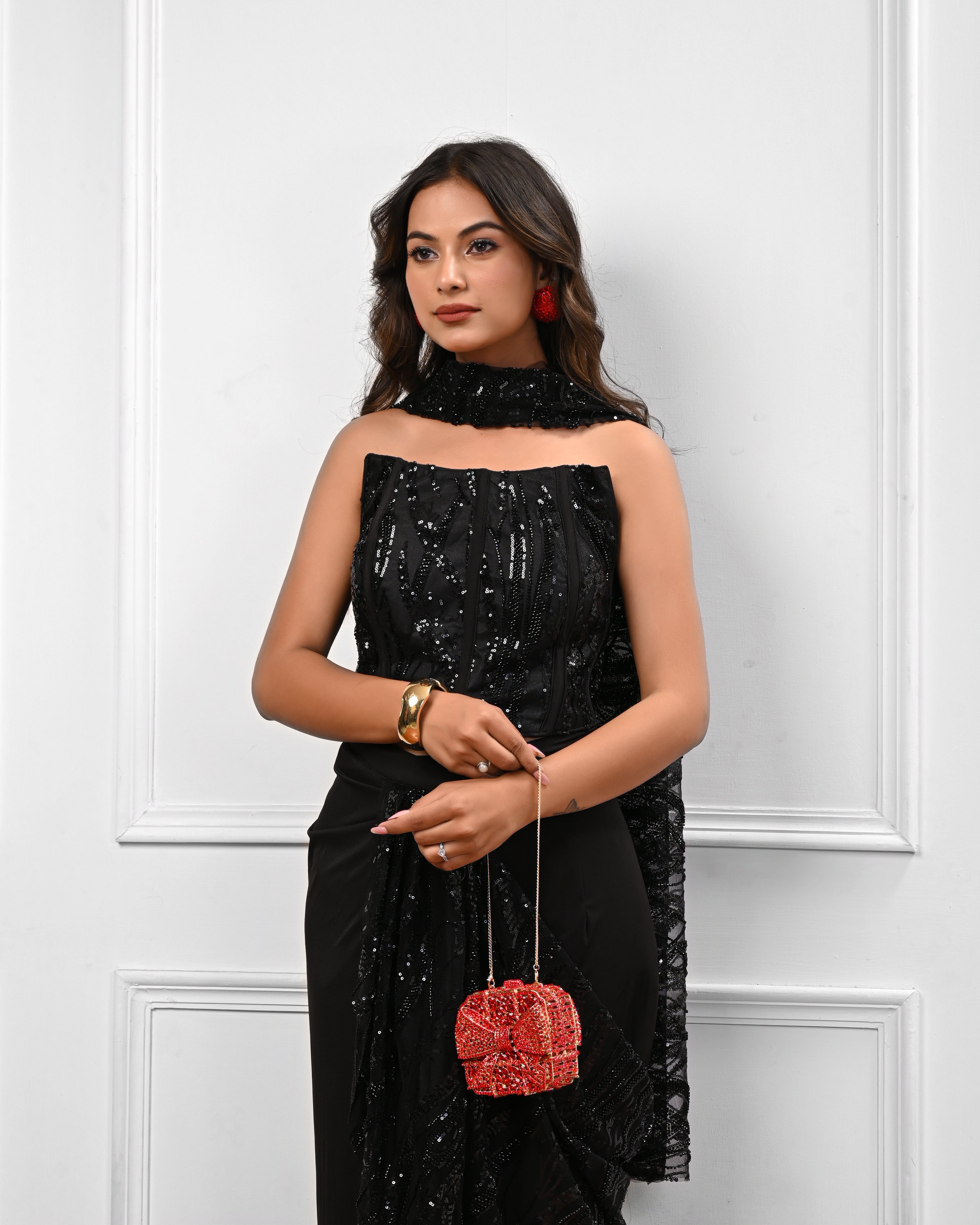 Black Corset Sequin Pre draped saree