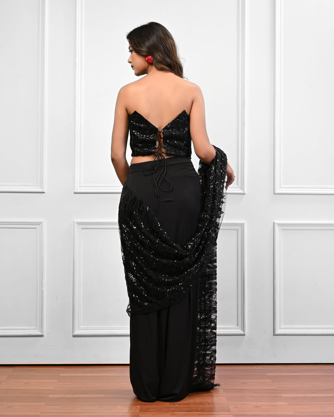 Black Corset Sequin Pre draped saree