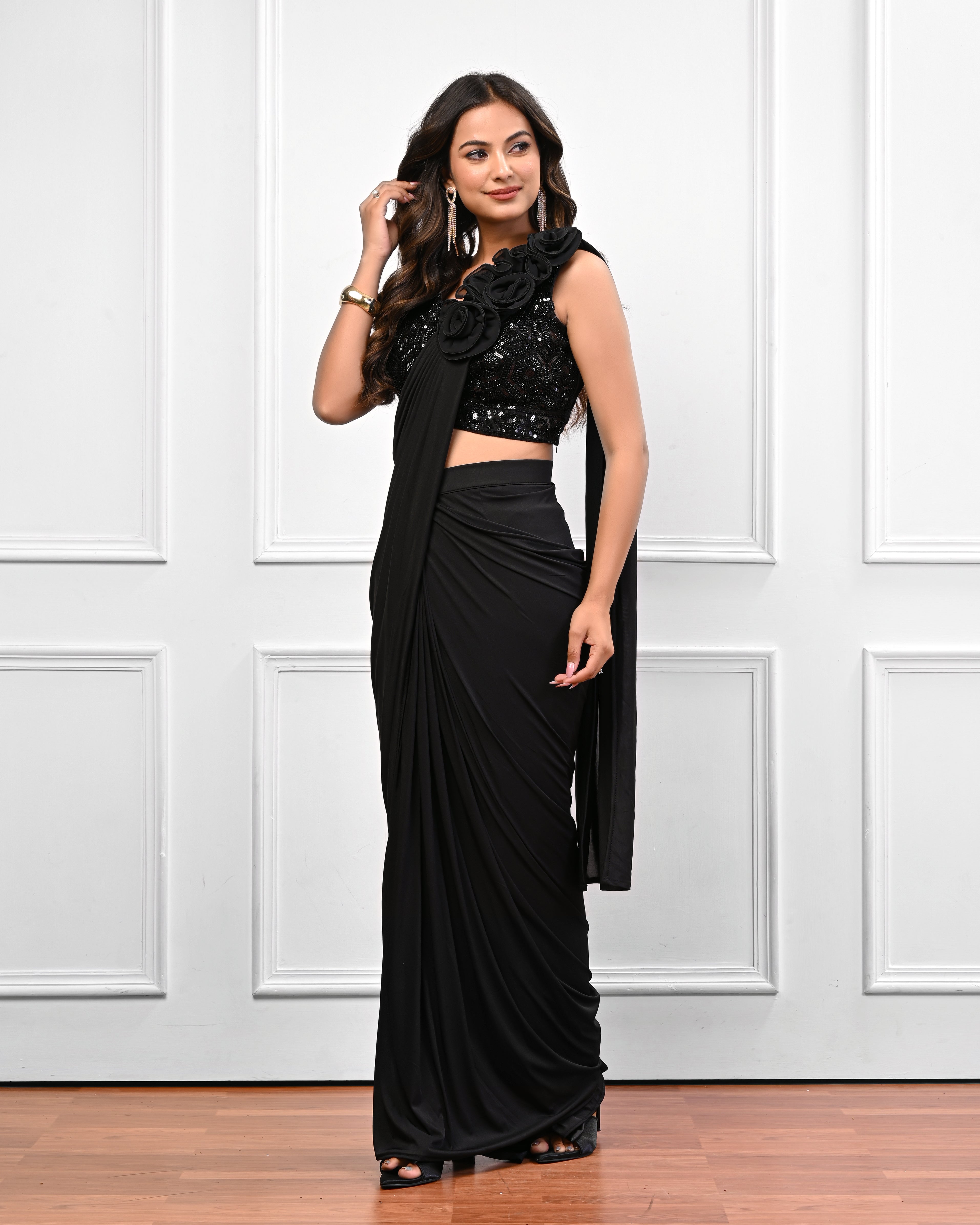Black flower patch work predraped saree