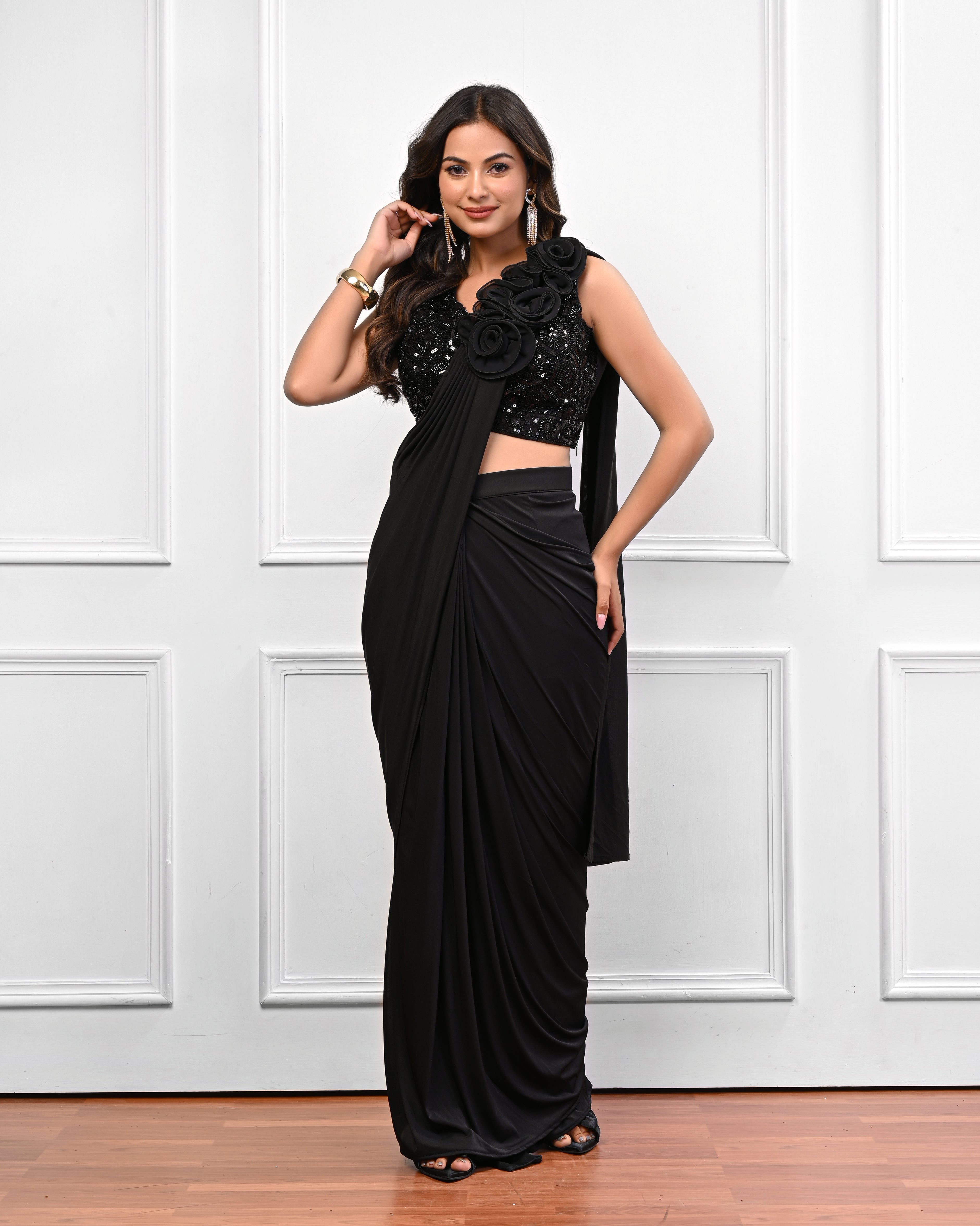 Black flower patch work predraped saree