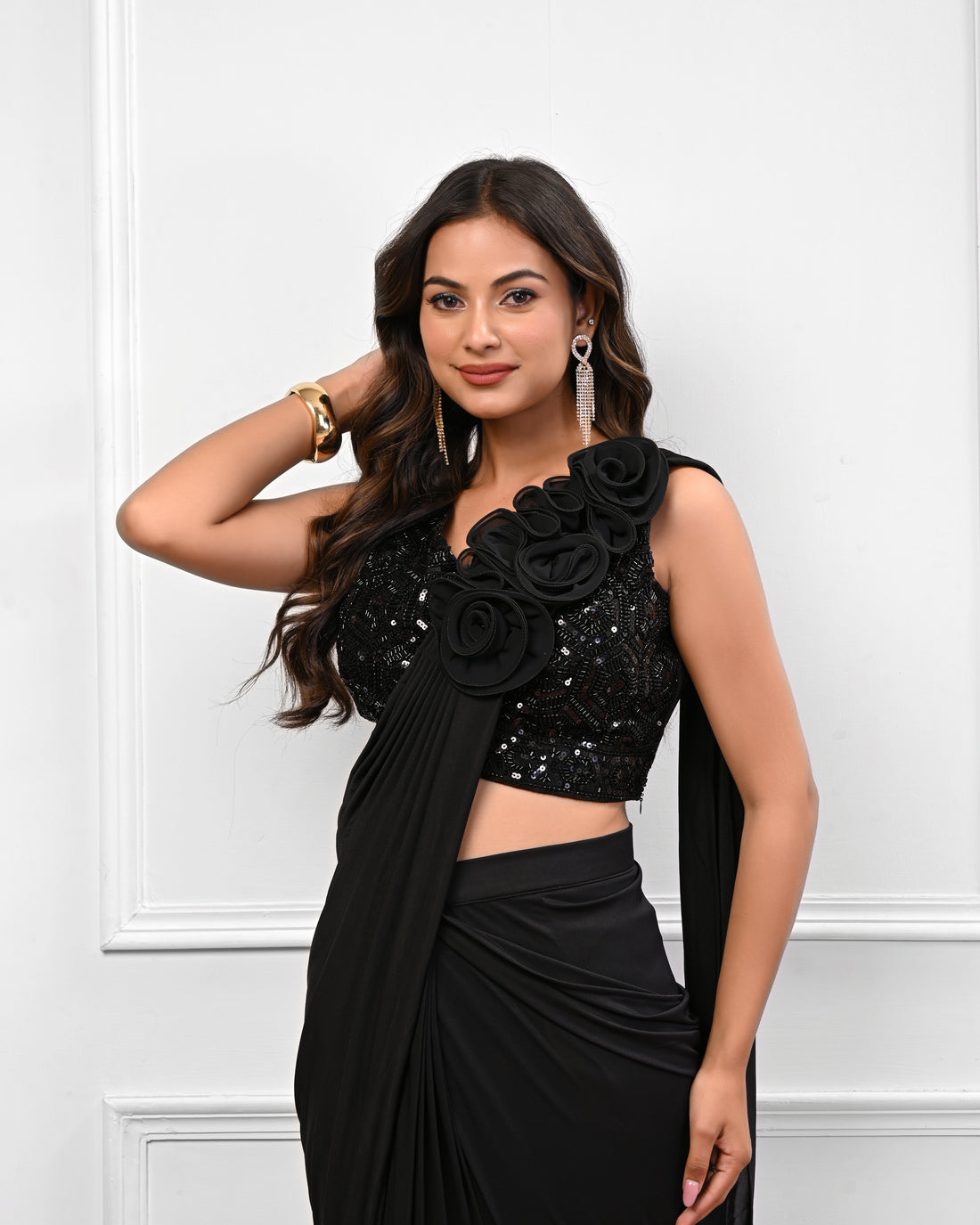 Black flower patch work predraped saree