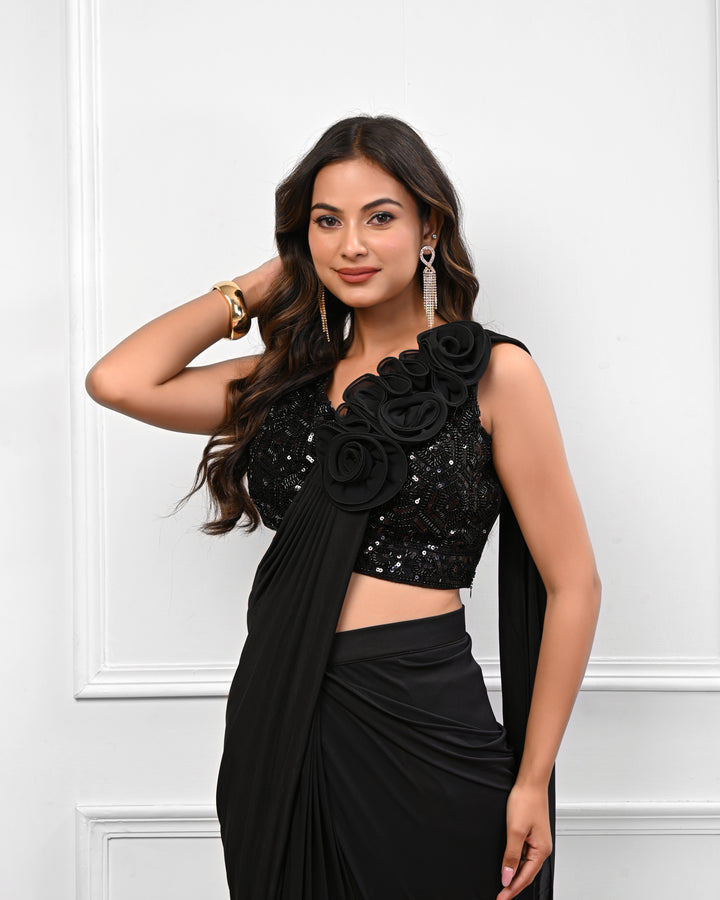 Black flower patch work predraped saree