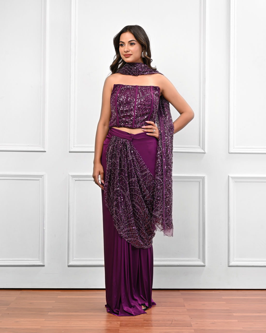 Wine corset Sequin Saree