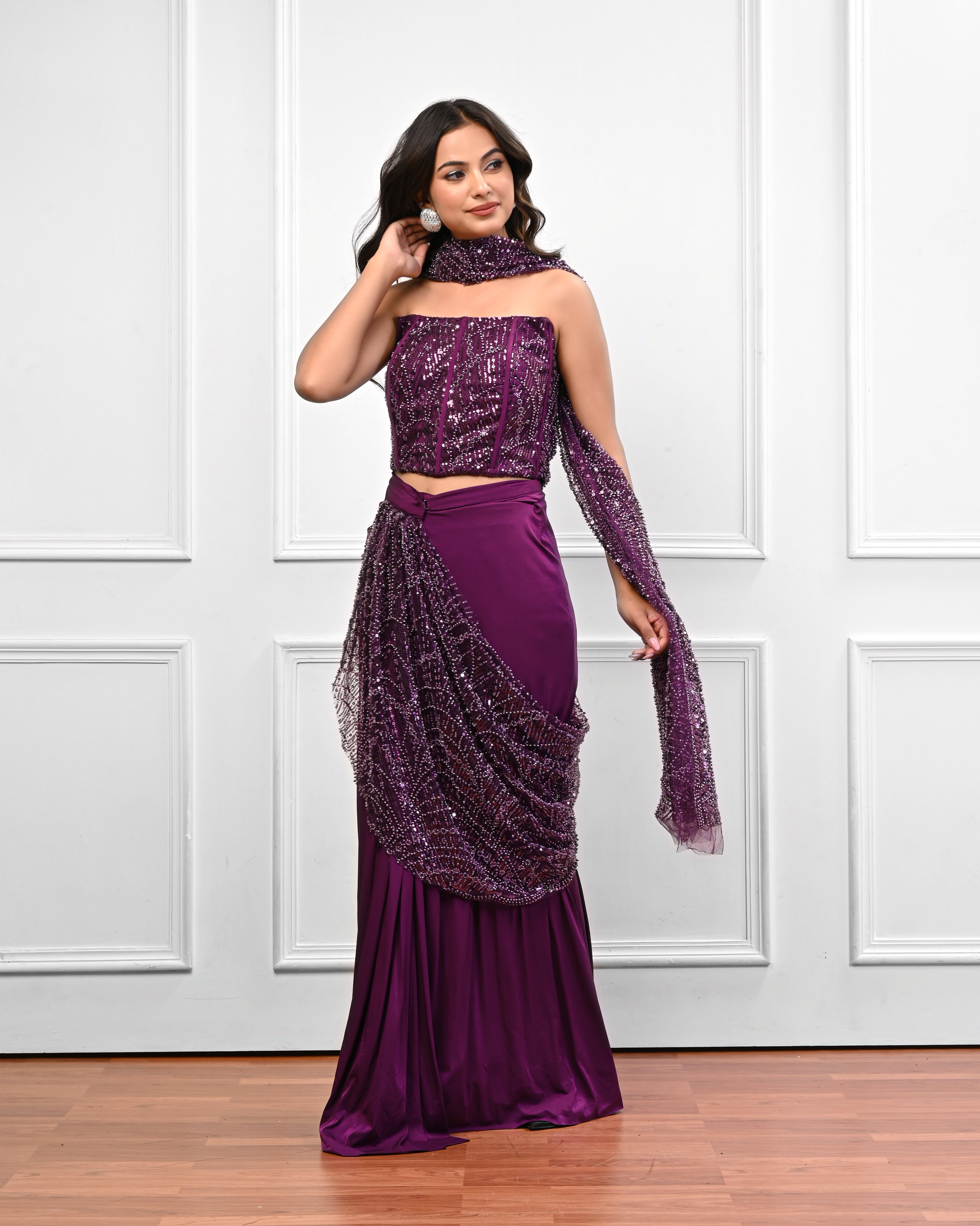 Wine corset Sequin Saree