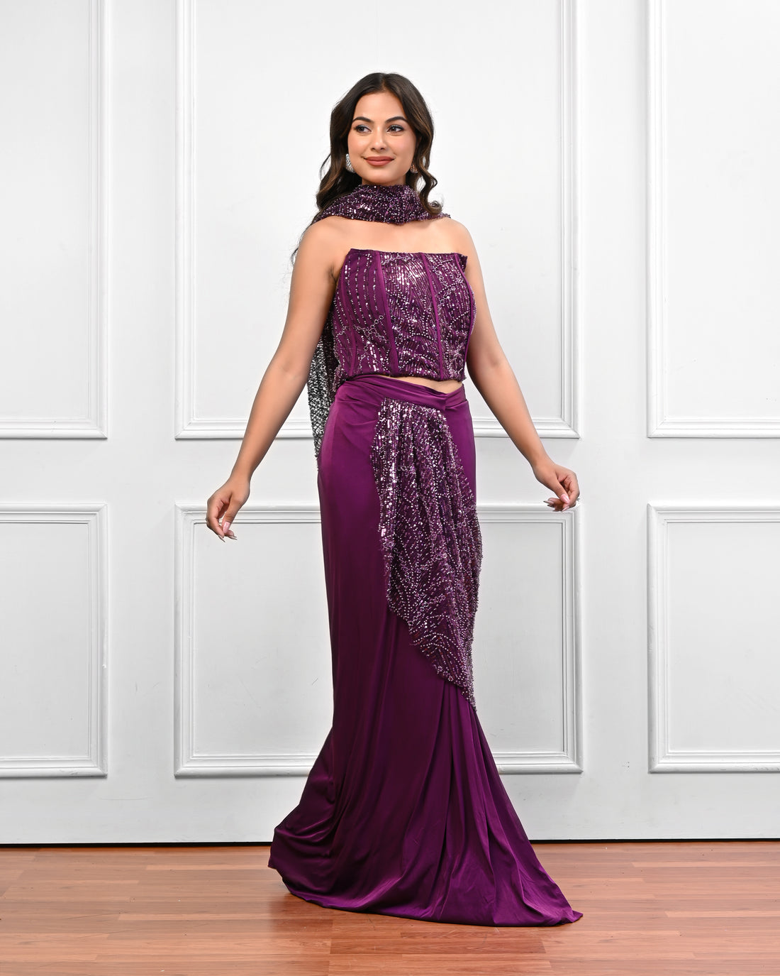 Wine corset Sequin Saree