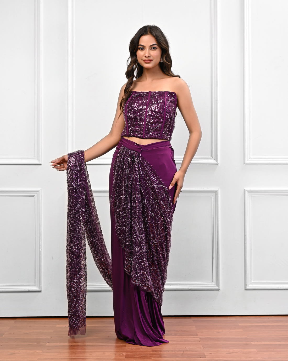 Wine corset Sequin Saree