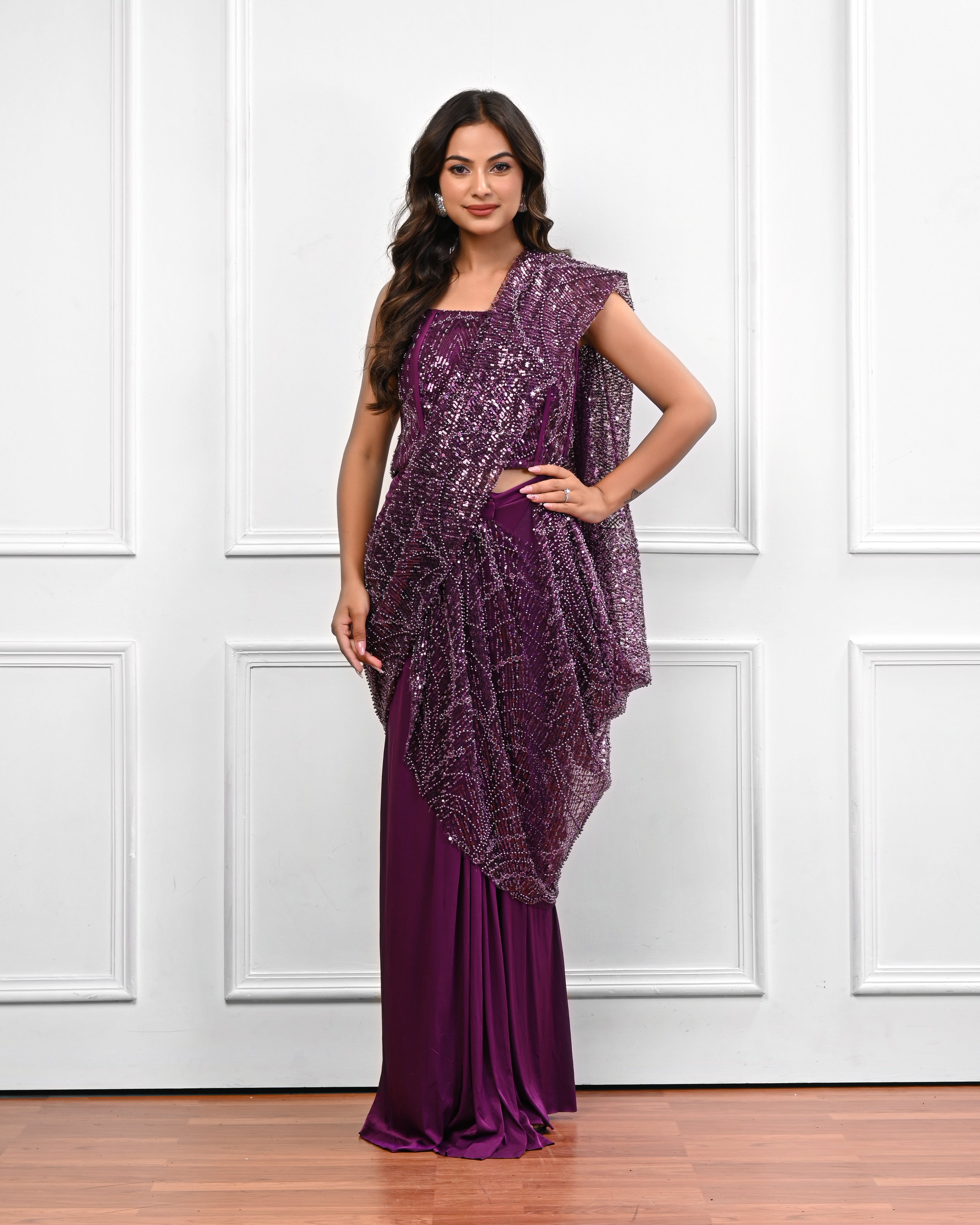 Wine corset Sequin Saree