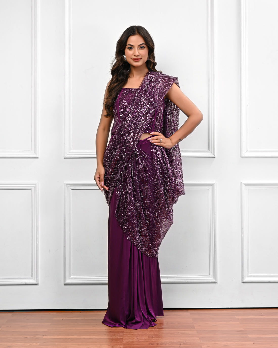 Wine corset Sequin Saree