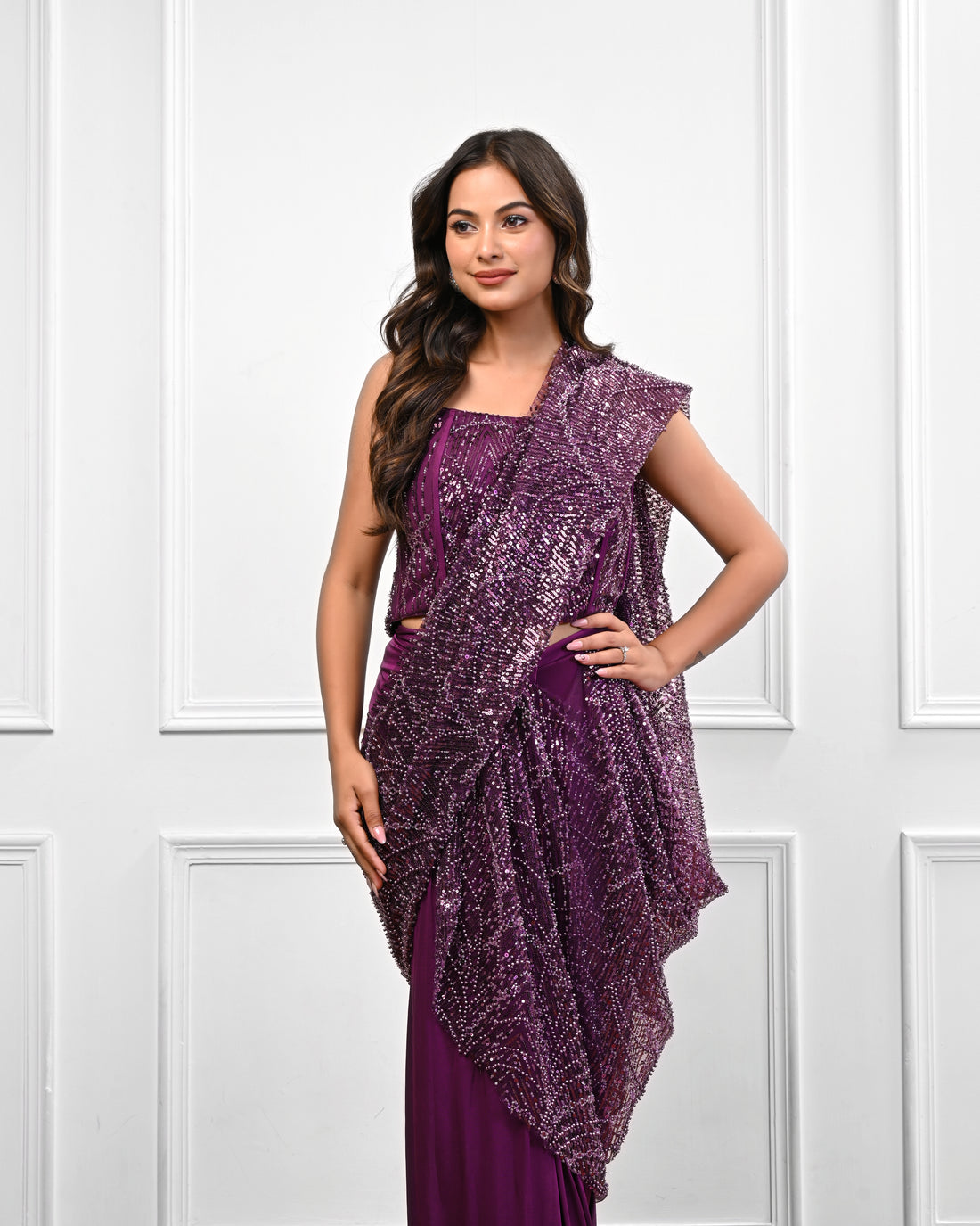 Wine corset Sequin Saree