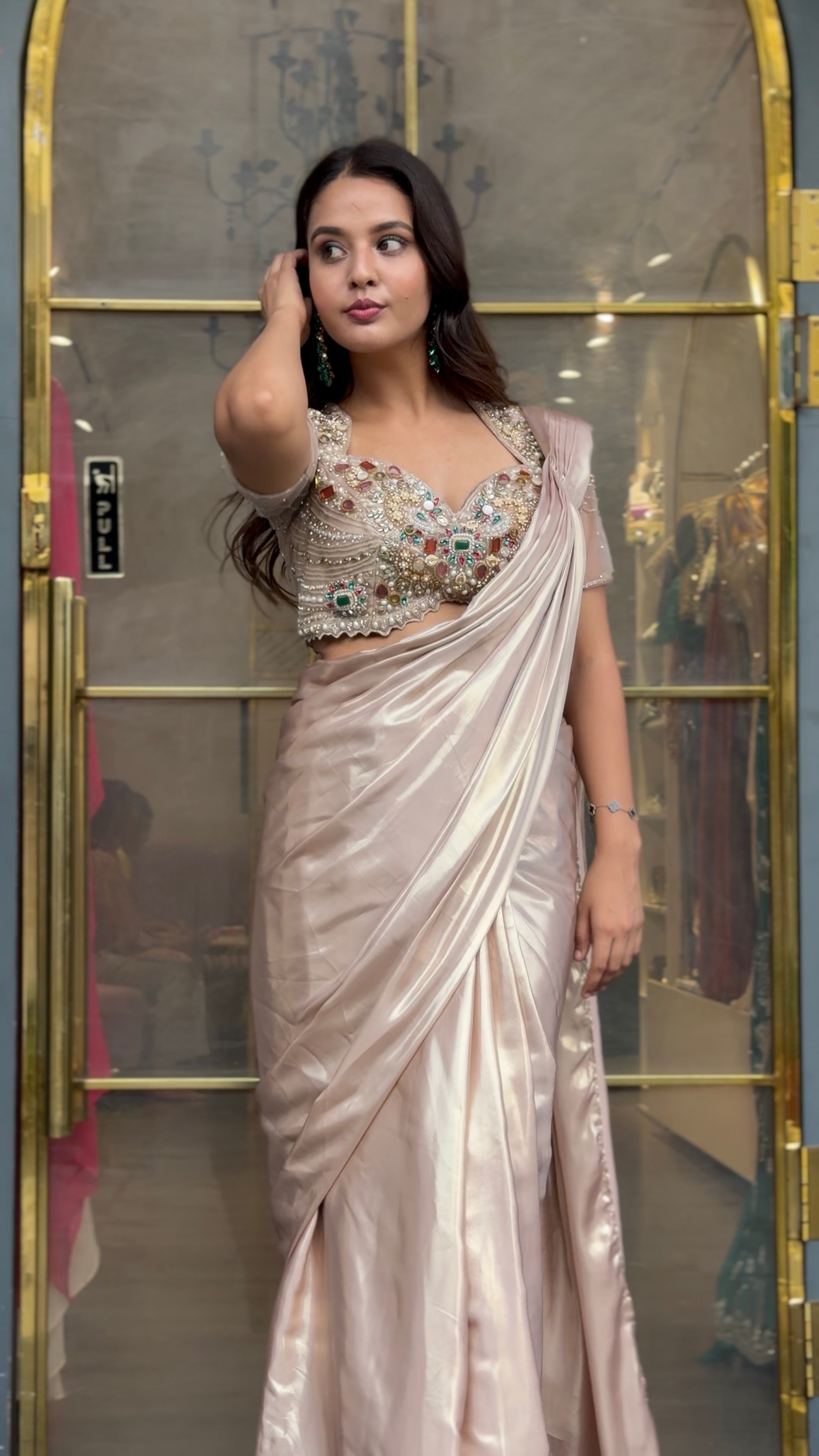 Golden Jewelery Work Blouse Metallic Drape Saree