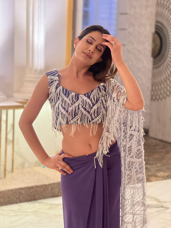 Dark purple shimmer pre drape saree