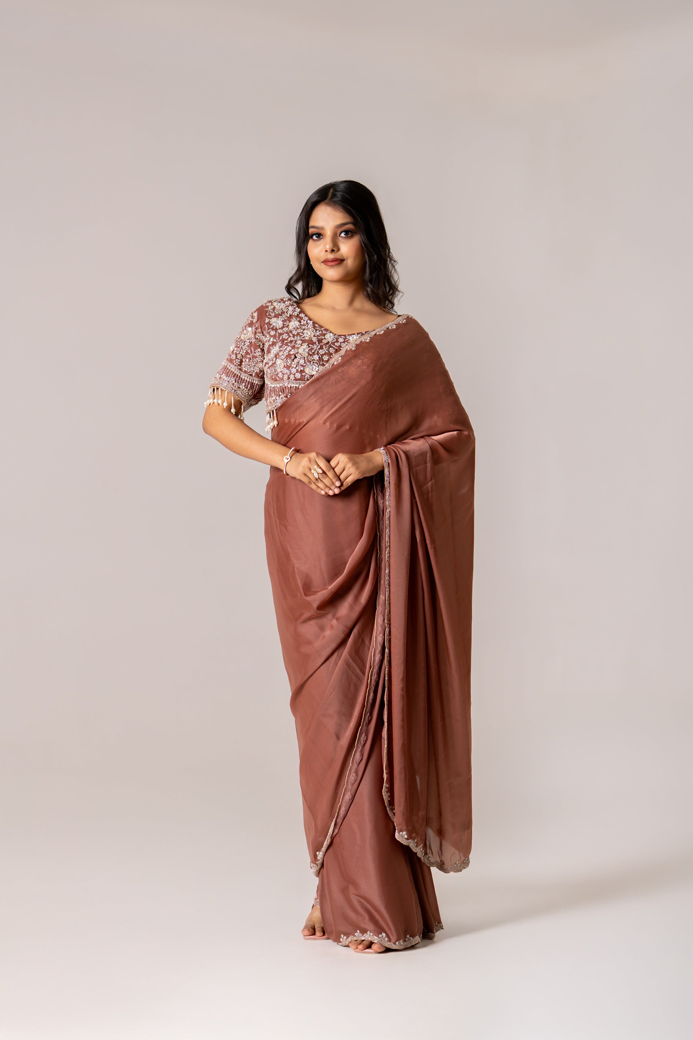 Brown malai silk saree w blouse