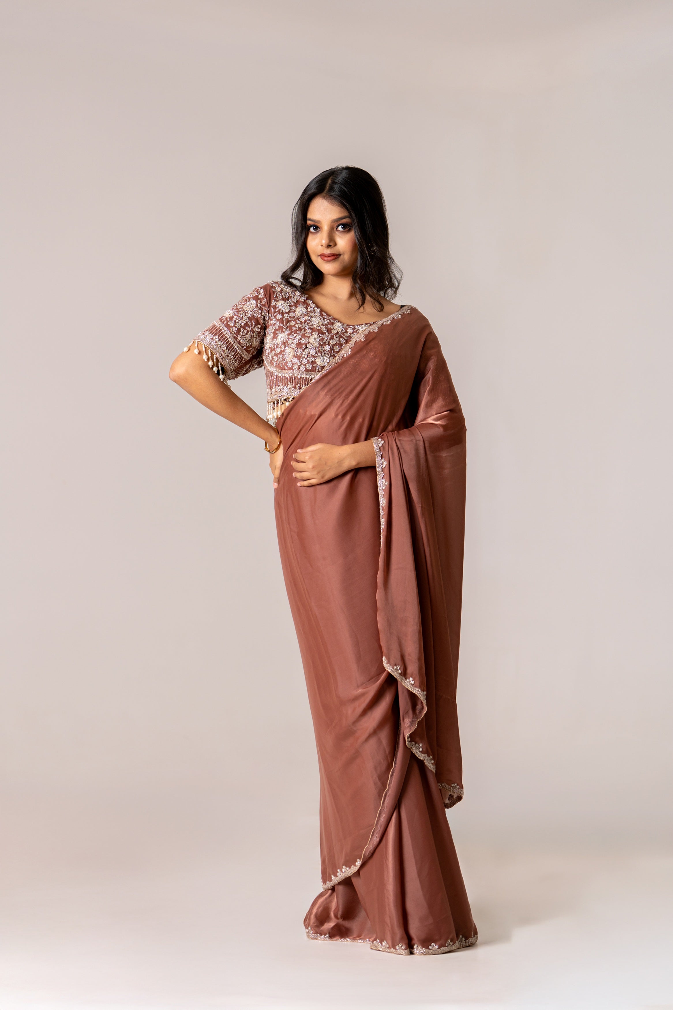 Brown malai silk saree w blouse