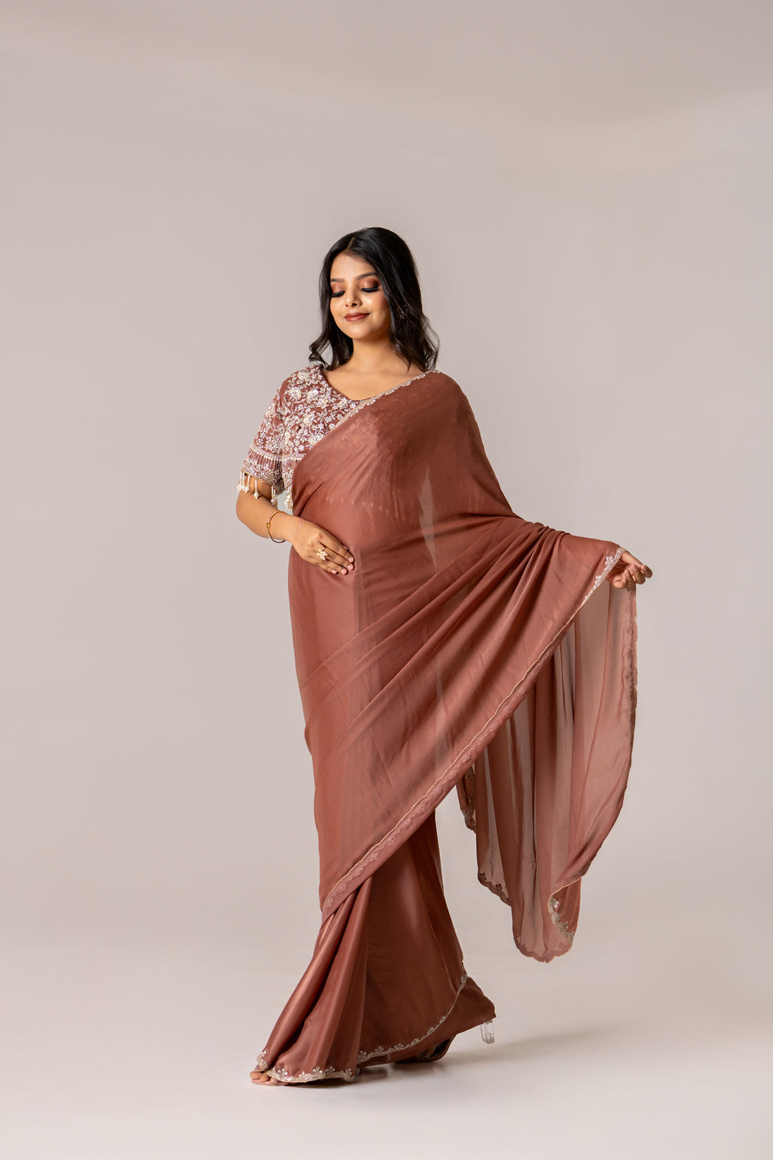 Brown malai silk saree w blouse