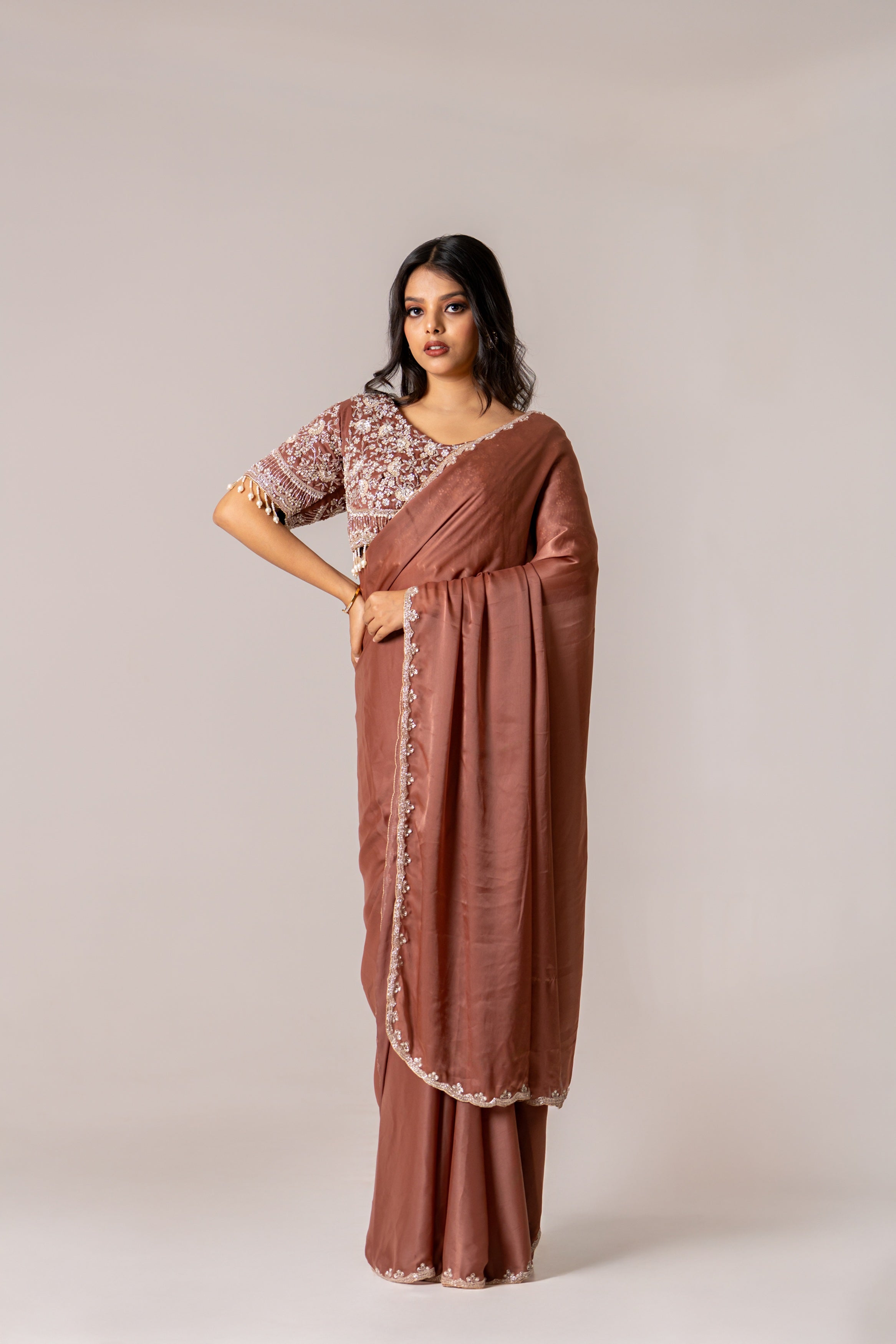 Brown malai silk saree w blouse