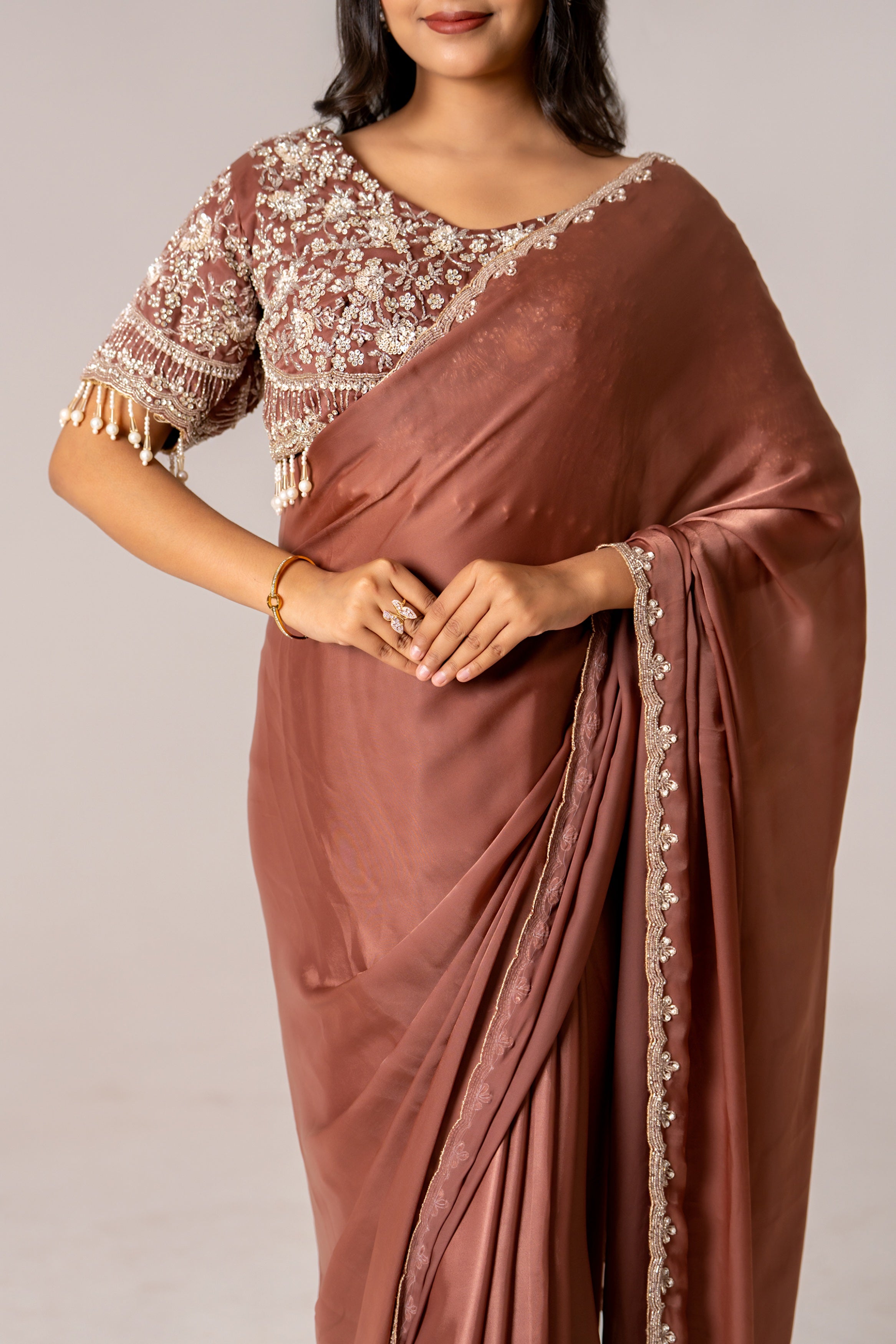 Brown malai silk saree w blouse