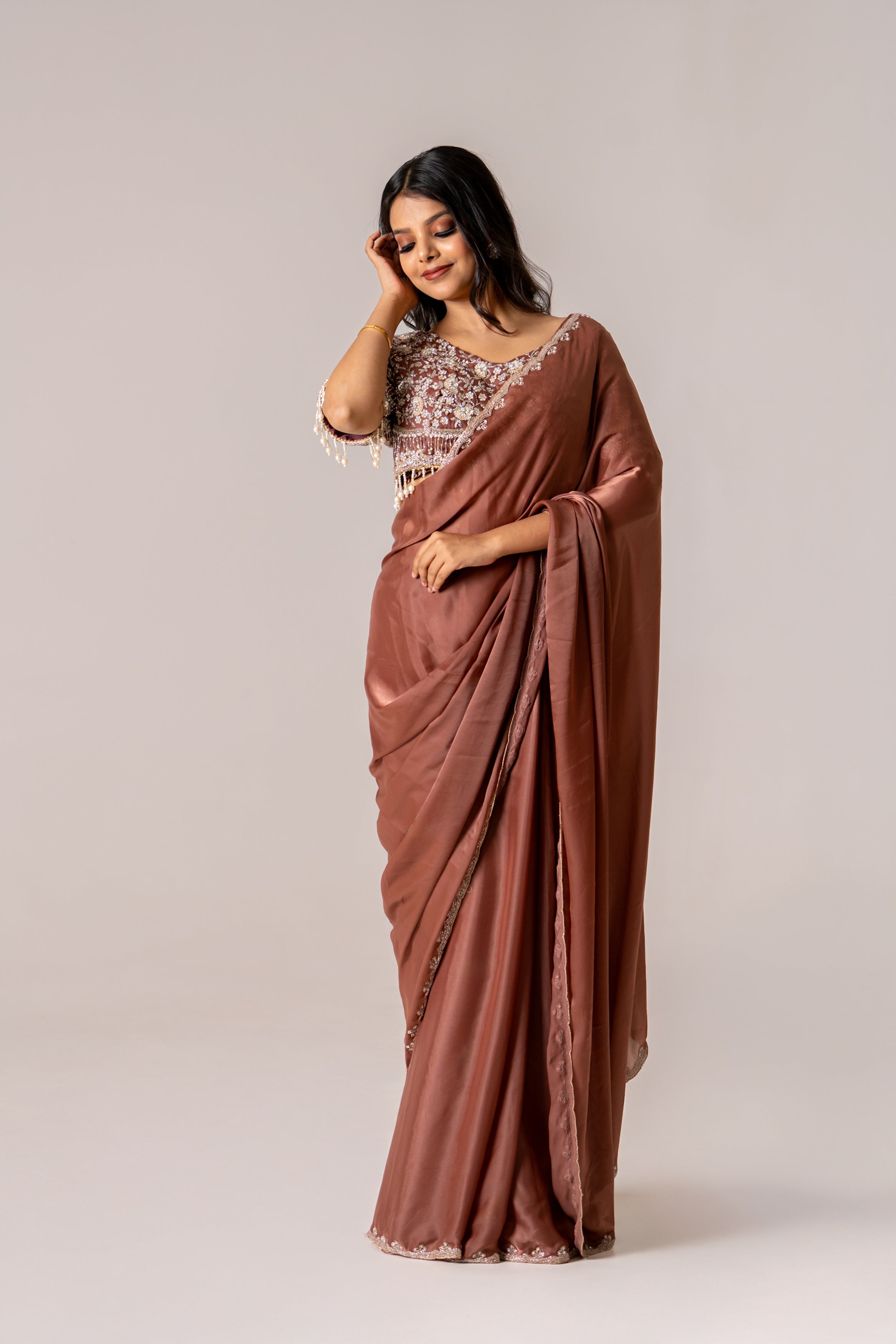 Brown malai silk saree w blouse