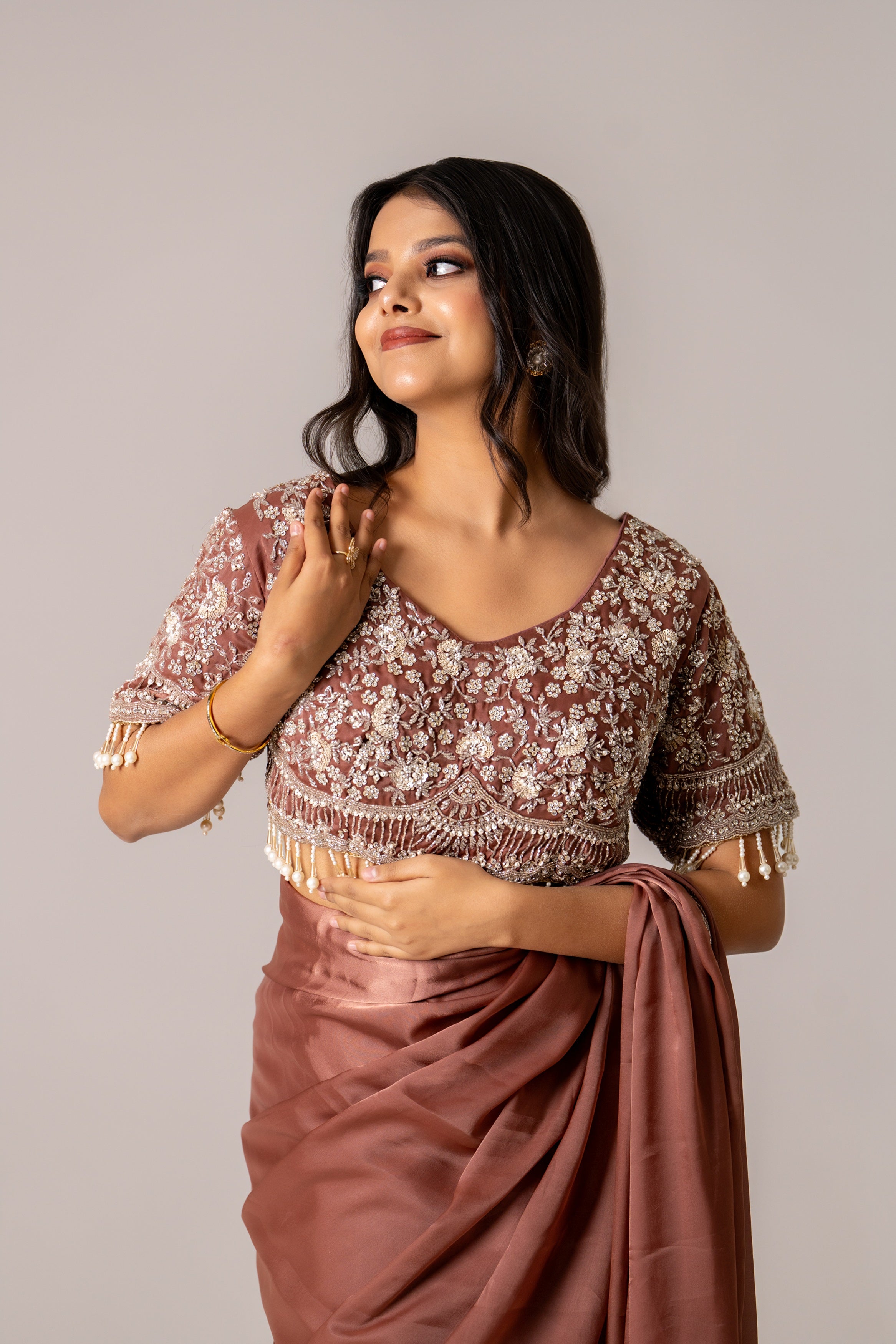 Brown malai silk saree w blouse