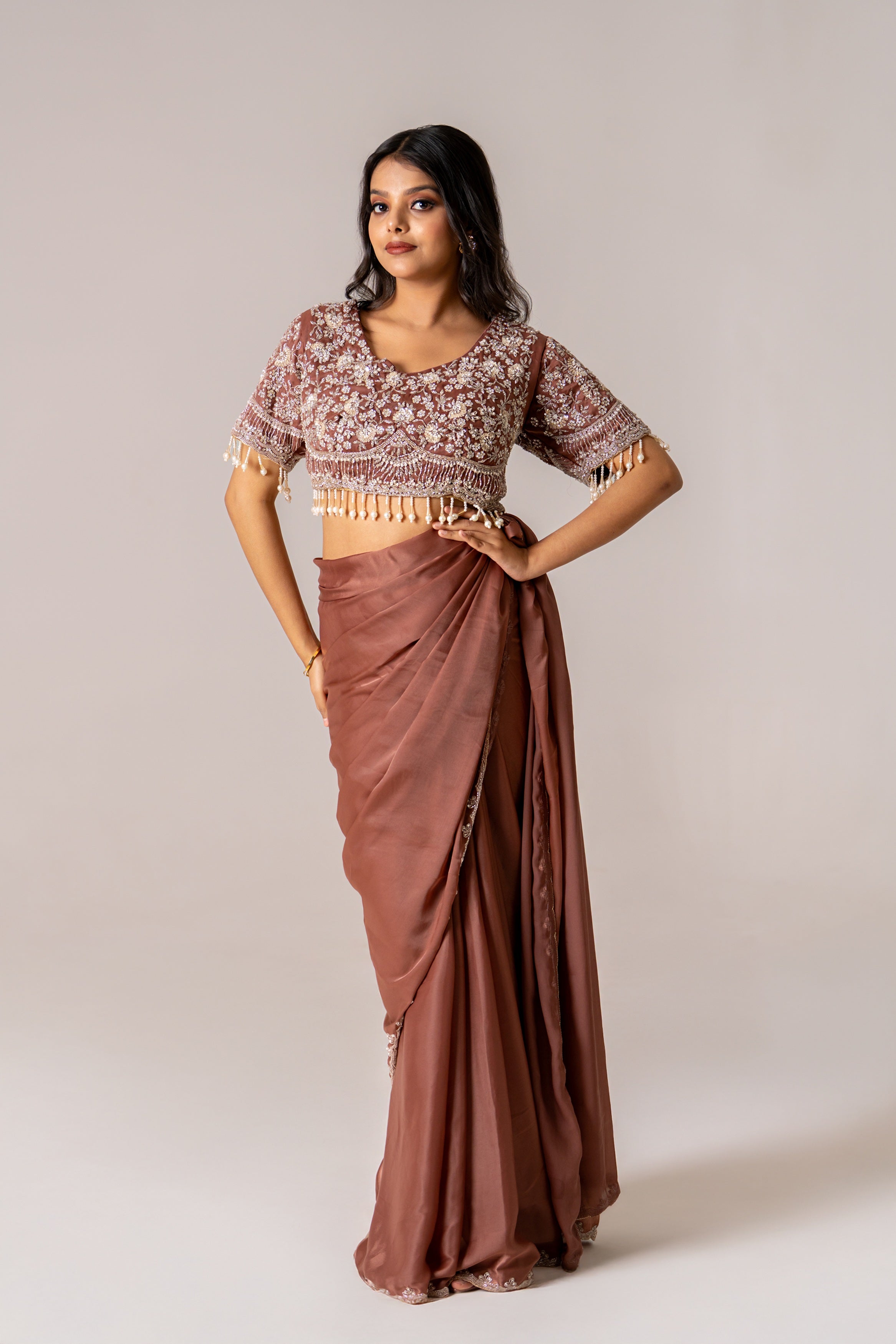 Brown malai silk saree w blouse