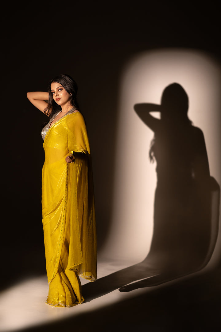 Lime yellow tora tissue saree