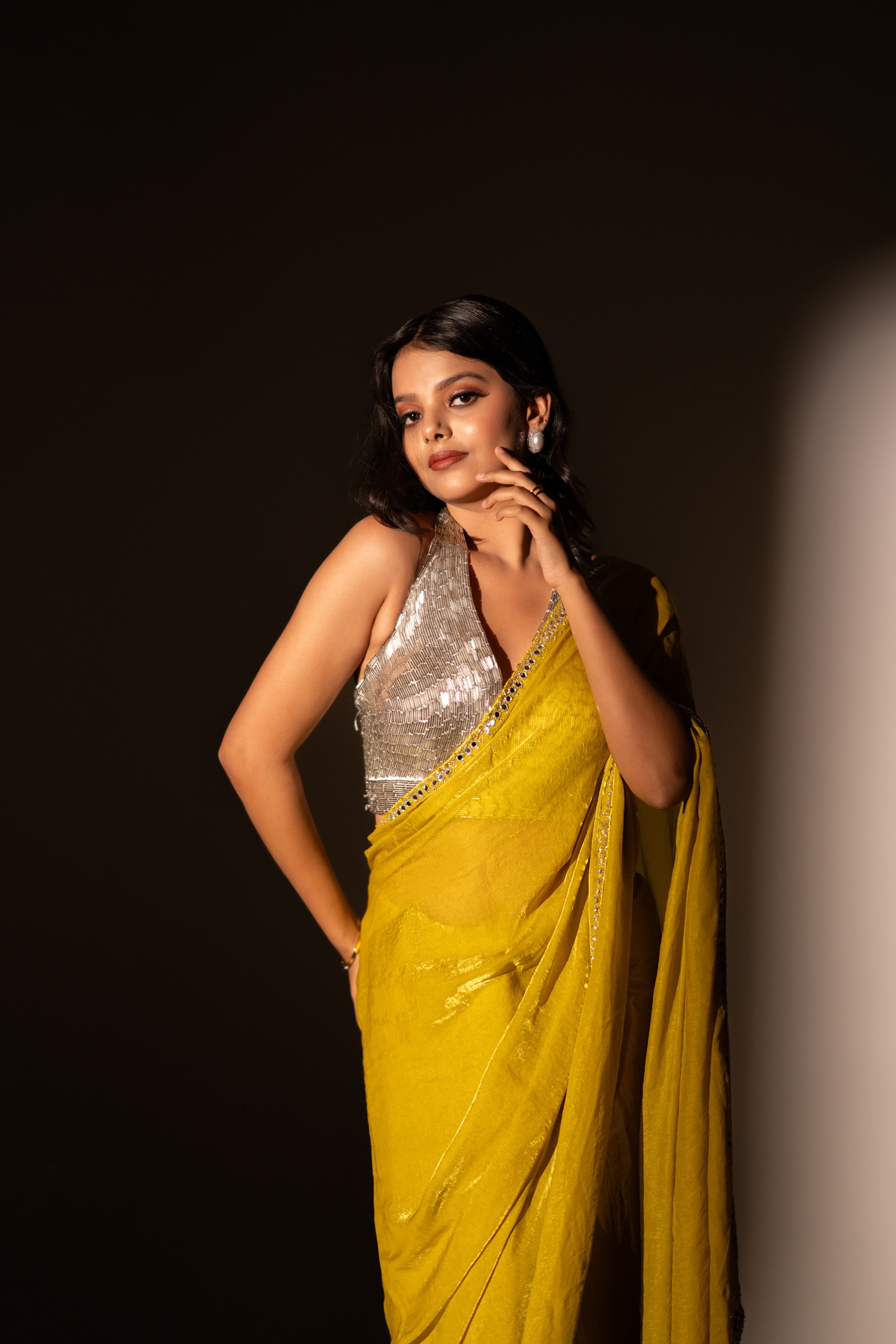 Lime yellow tora tissue saree