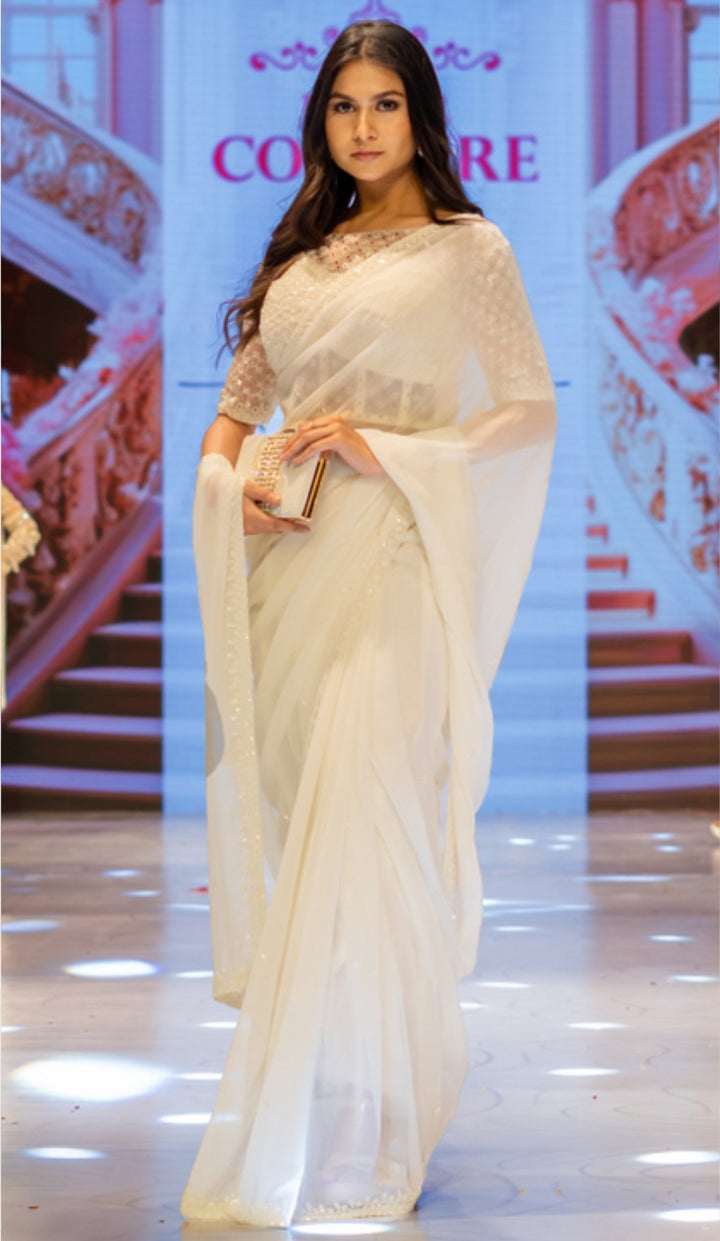 white georgette saree with stitched blouse