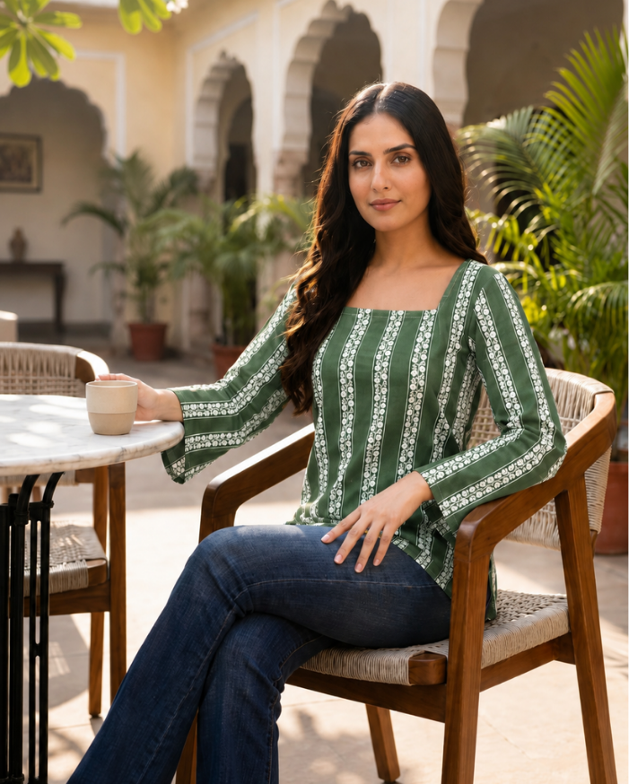 Emerald Green Heritage Stripe Flared-Sleeve Tunic
