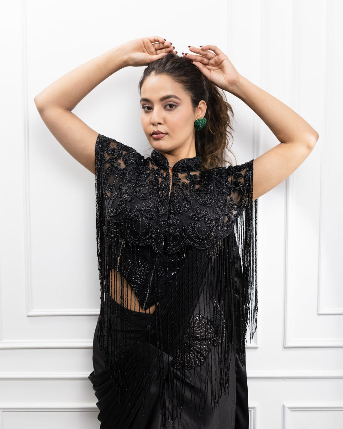 Black Embroidered Fringe Cape