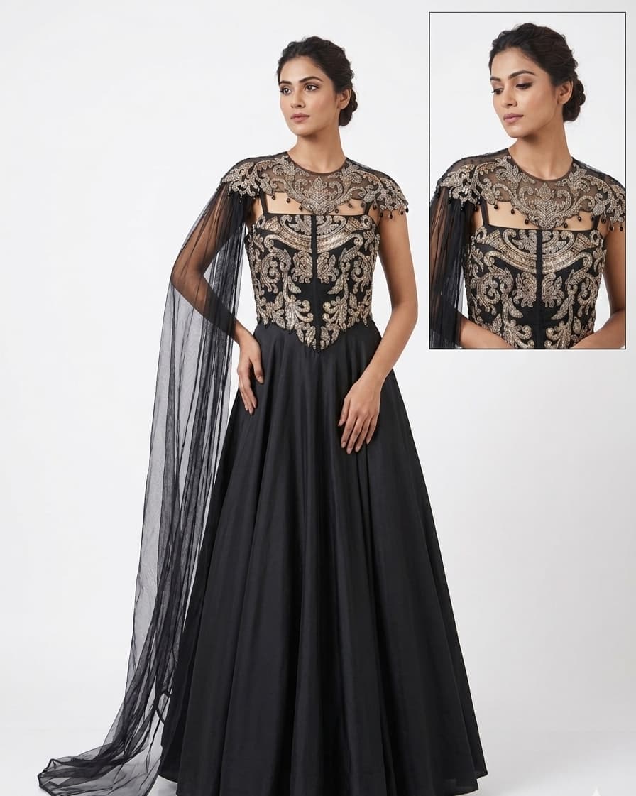 Gown Name: Midnight Regal Detachable Cape Gown