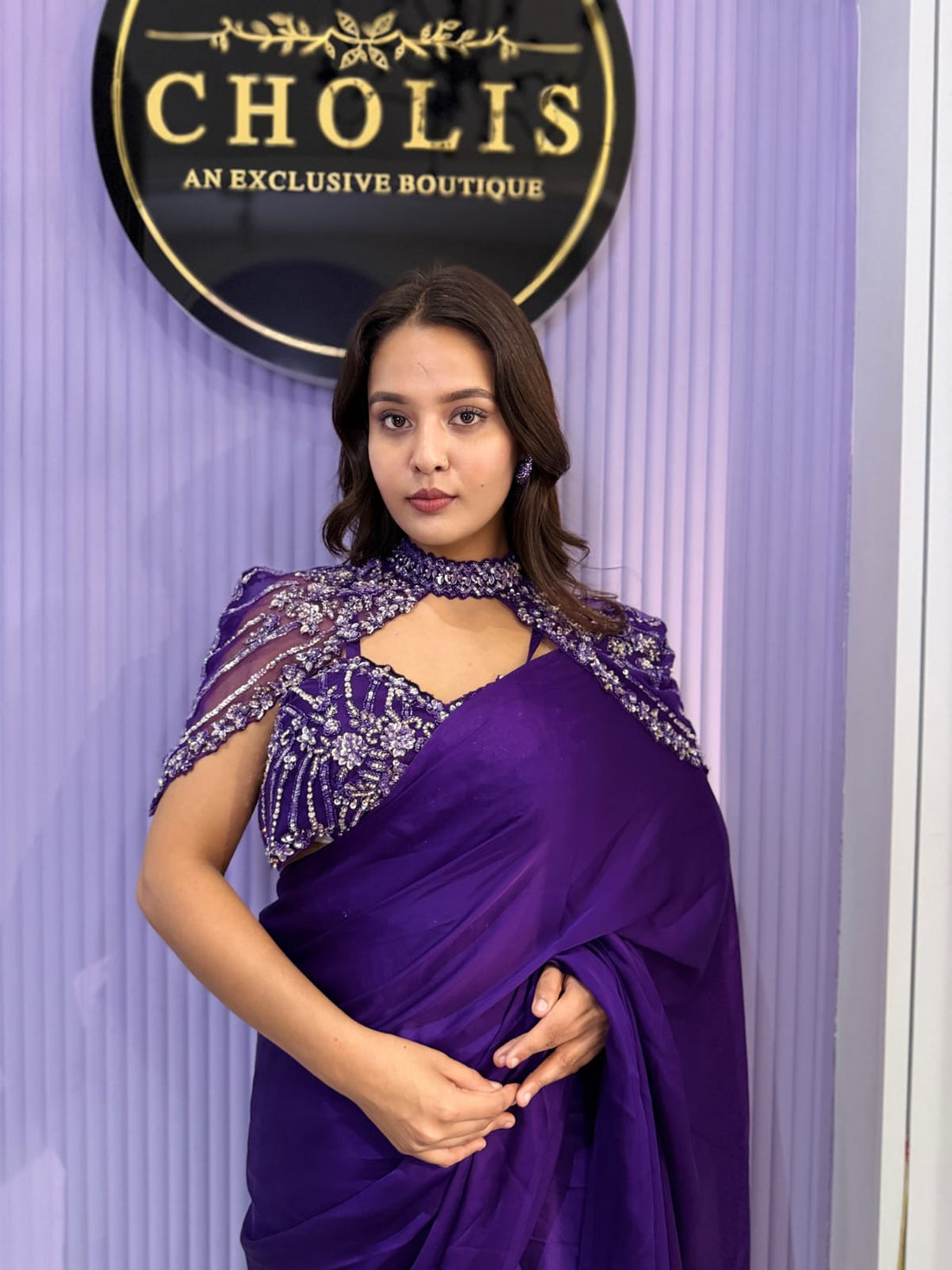 Deep Orchid Drape Saree With Detachable Cape