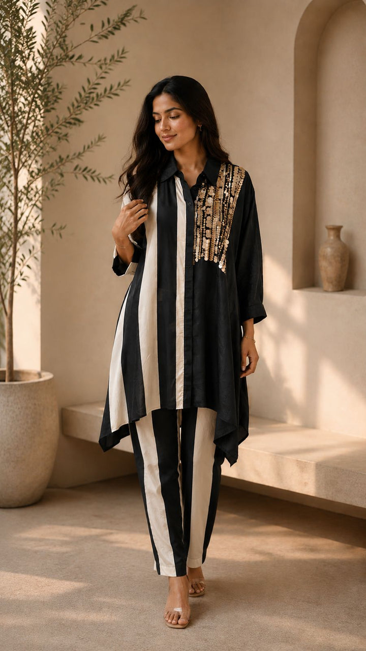 Half Striped Kurta Set