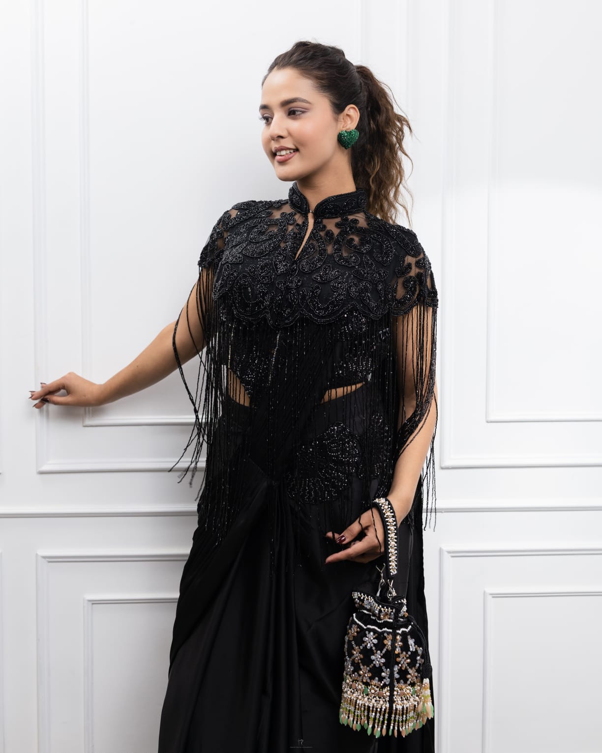 Black Embroidered Fringe Cape