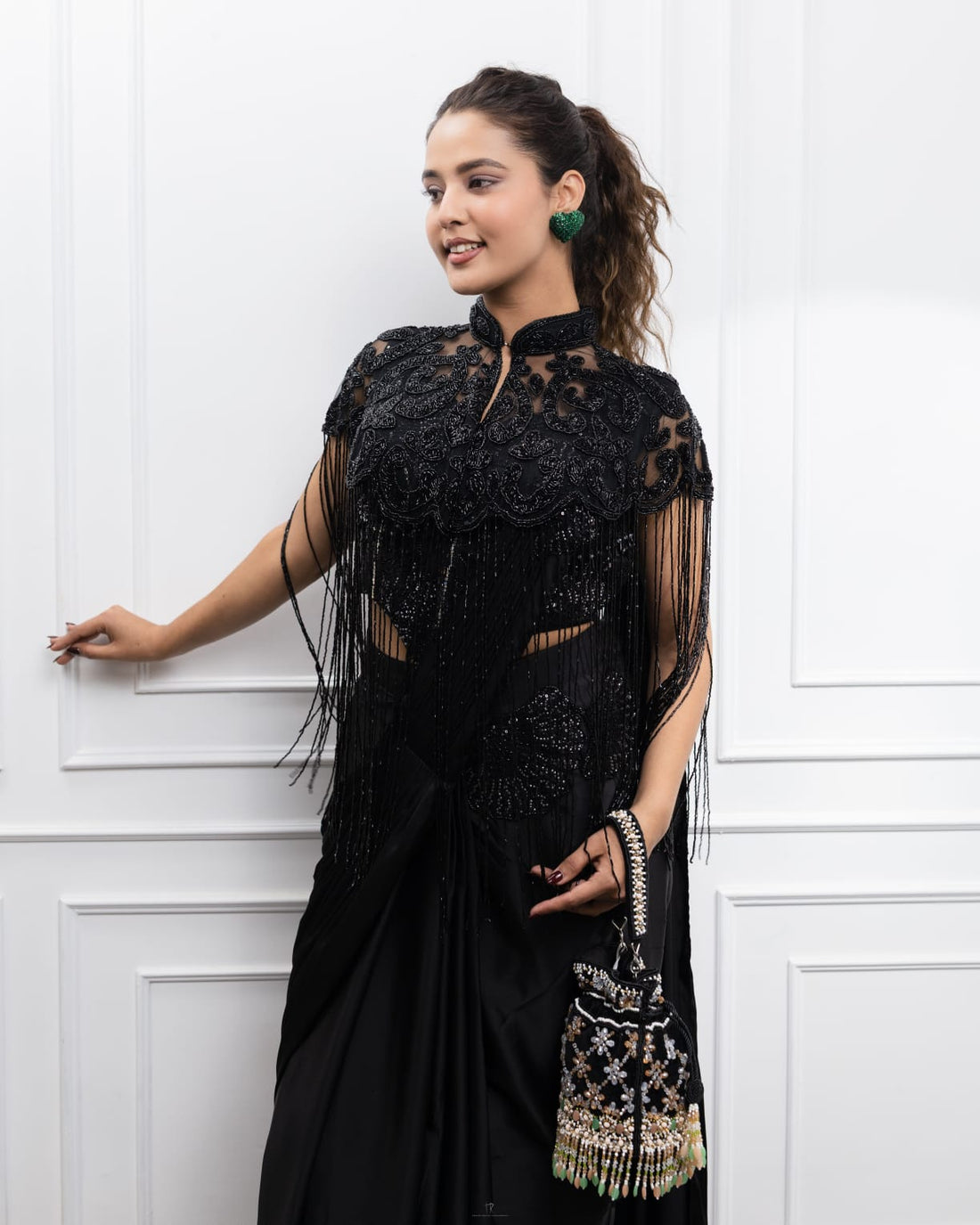 Black Embroidered Fringe Cape