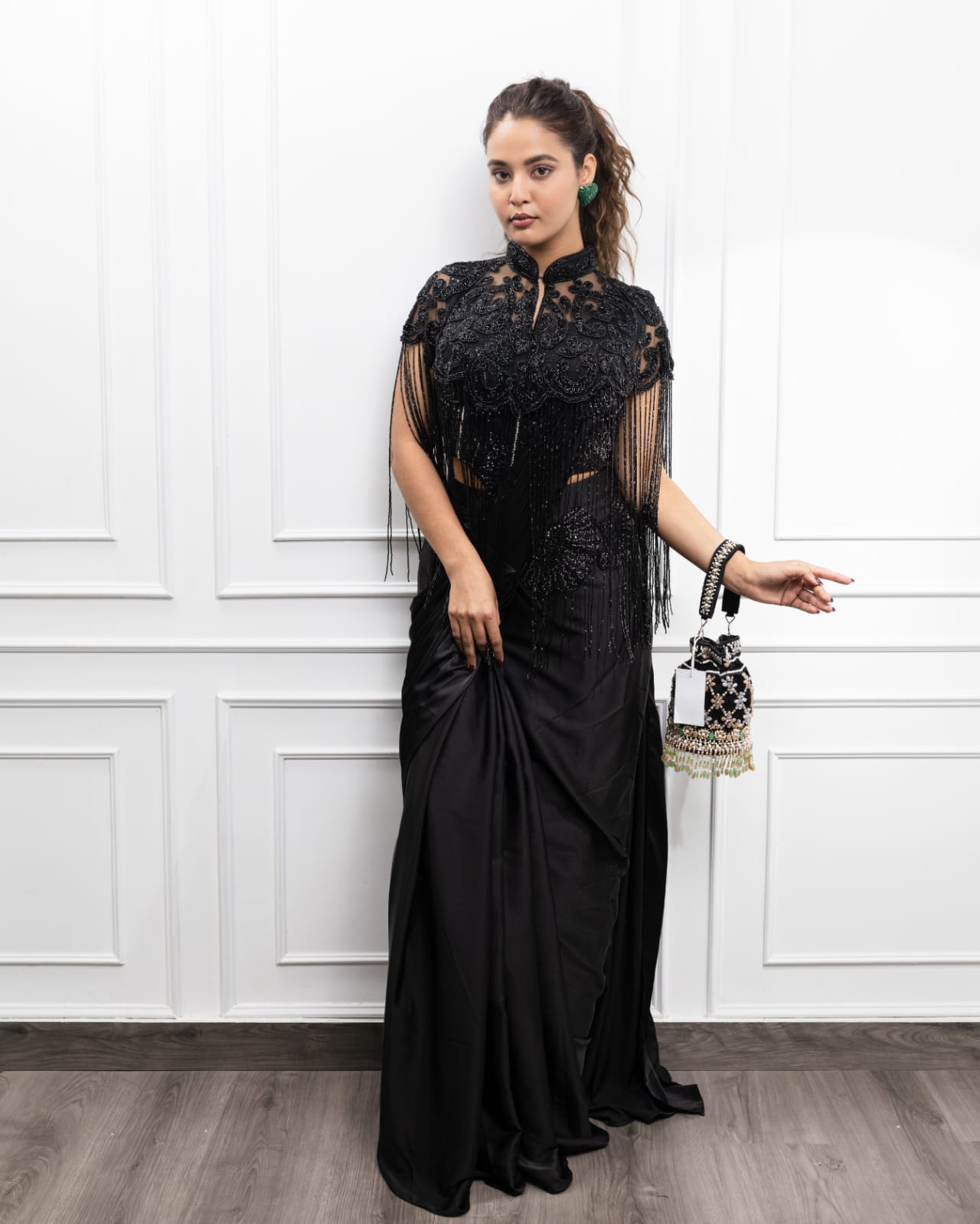 Black Embroidered Fringe Cape