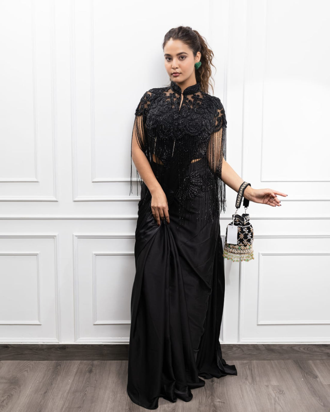 Black Embroidered Fringe Cape