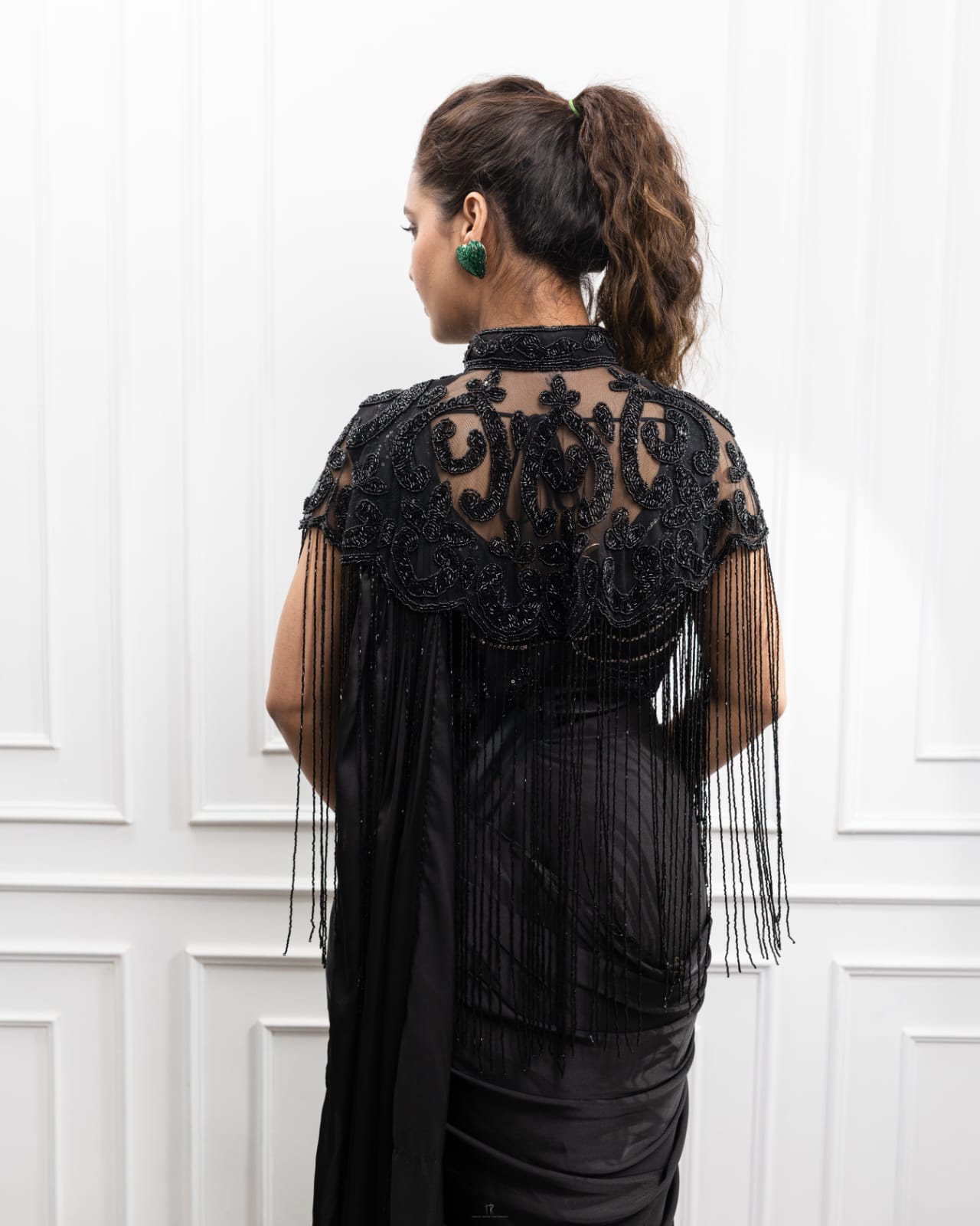 Black Embroidered Fringe Cape