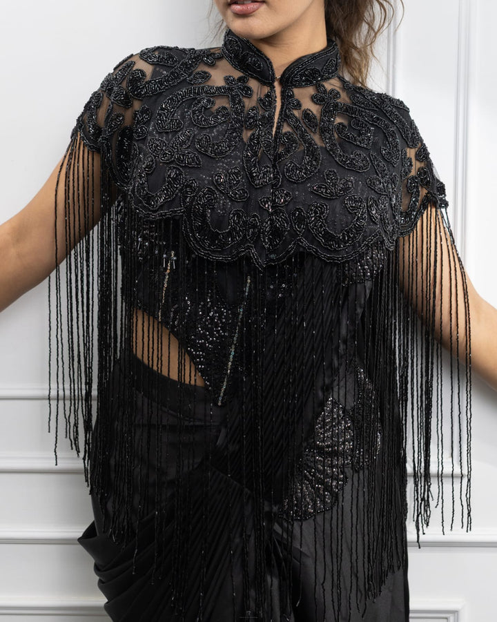 Black Embroidered Fringe Cape