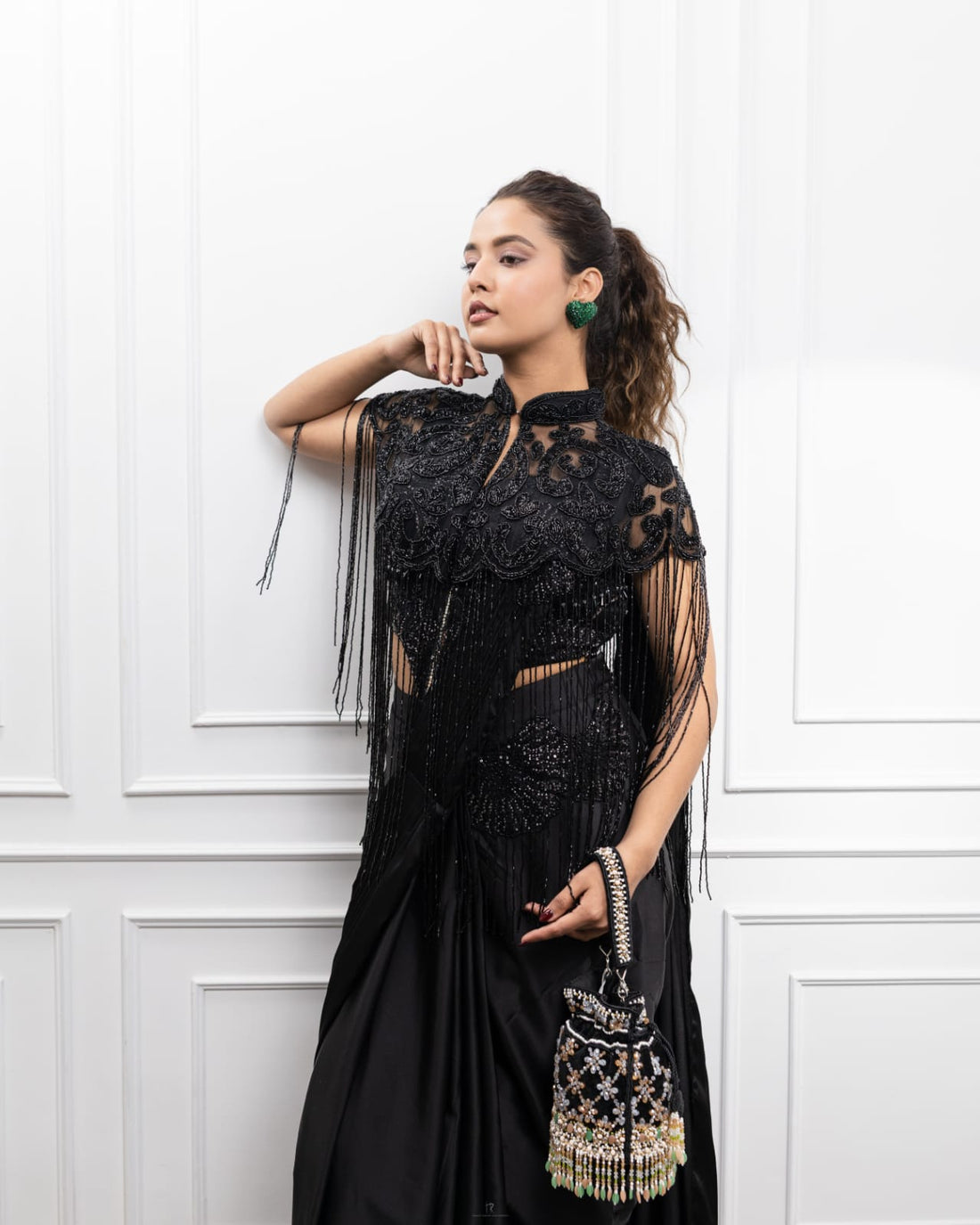 Black Embroidered Fringe Cape